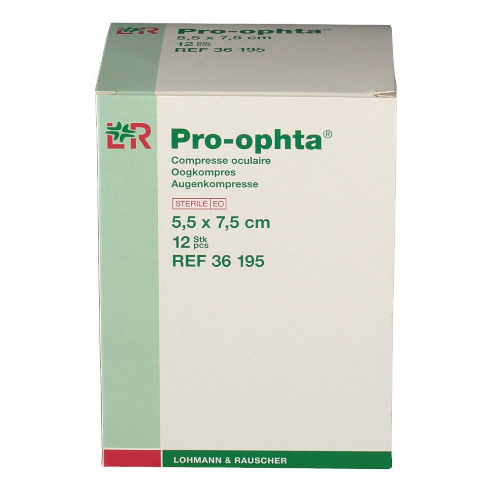 Boîte de Pro-ophta. Inscription : 5,5 x 7,5 cm, 12 pièces. Logo et nom du produit. Stérile.