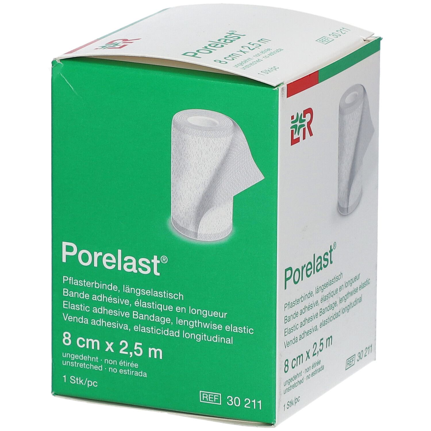 Porelast® verpakking. 8 cm x 2,5 m. Groen-witte doos met productafbeelding en logo. Zijaanzicht.