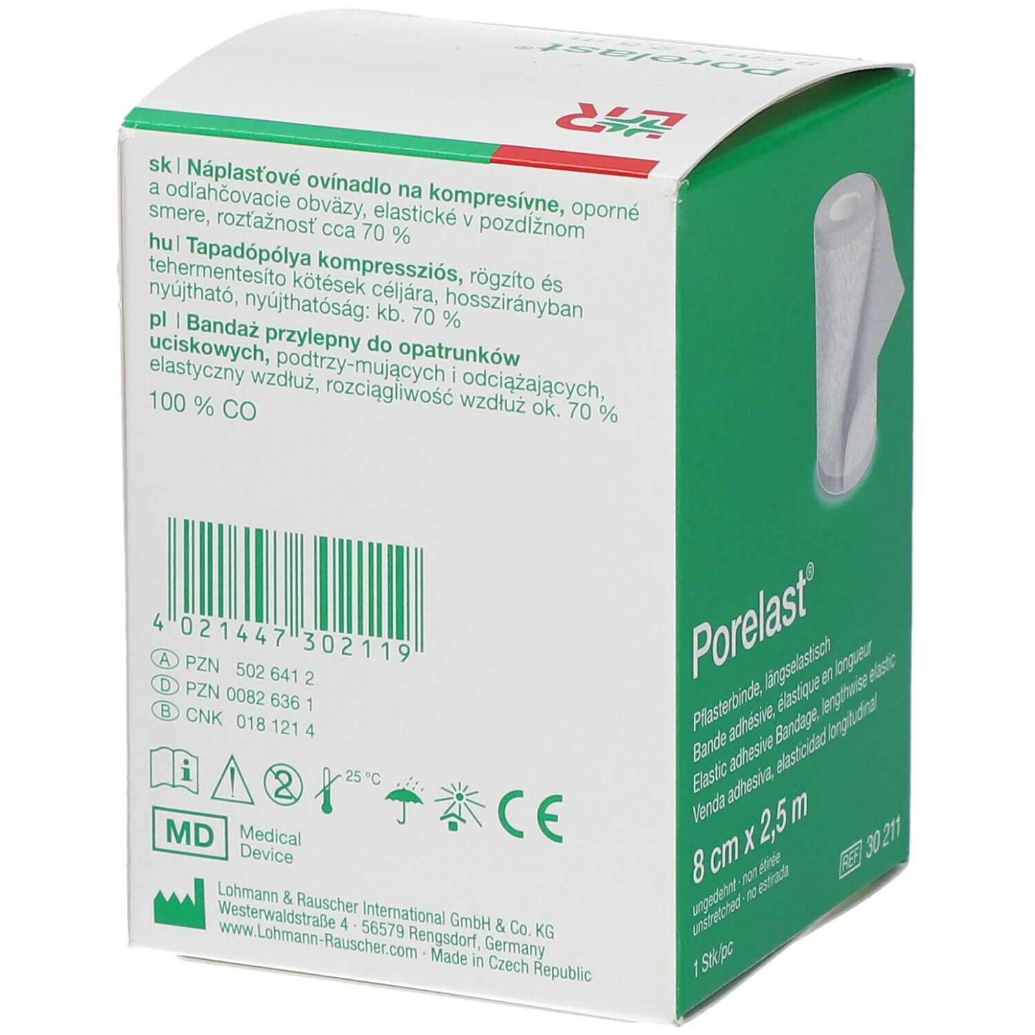 Achterkant van de Porelast® verpakking. Productinformatie, barcode, fabrikantenadres, CE-markering en andere symbolen.