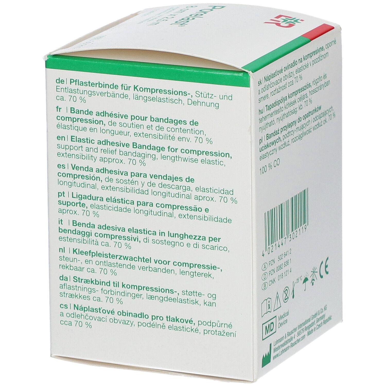Porelast® verpakking. 8 cm x 2,5 m. Tekst op de verpakking in meerdere talen. Groen-witte doos.