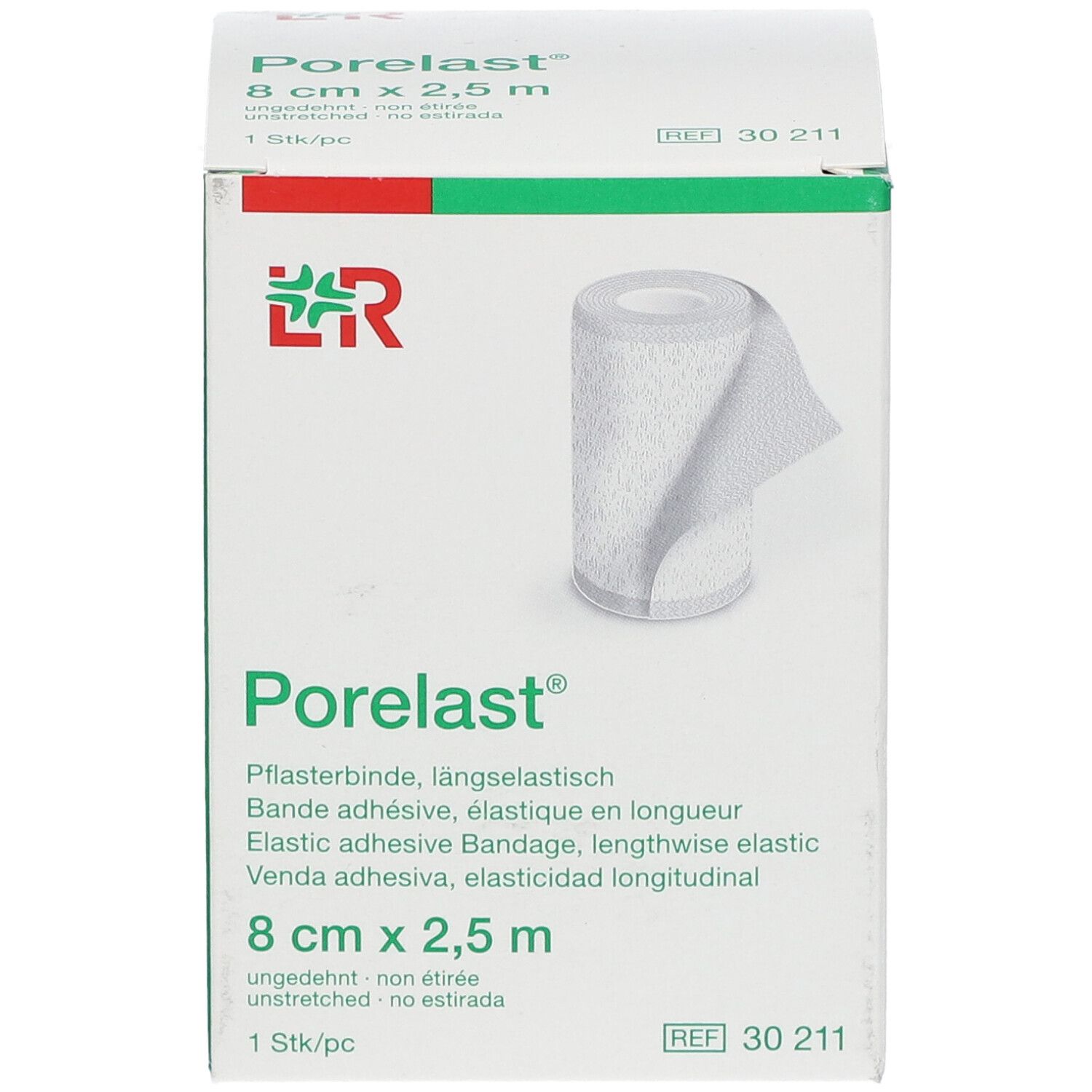 Porelast® verpakking. 8 cm x 2,5 m. Groen-witte doos met productafbeelding en logo. Vooraanzicht.