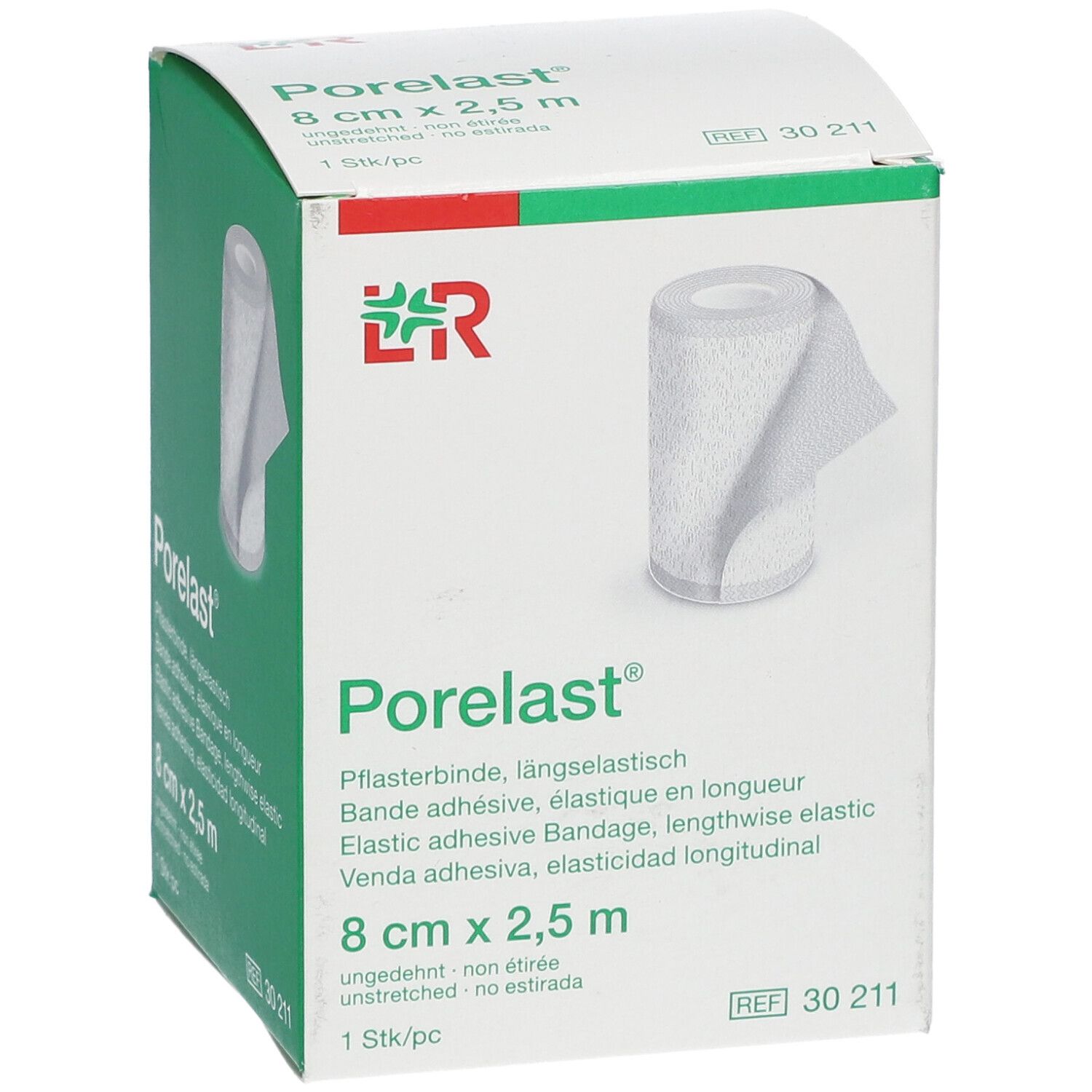Porelast® verpakking. 8 cm x 2,5 m. Groen-witte doos met productafbeelding en logo. Zijaanzicht.