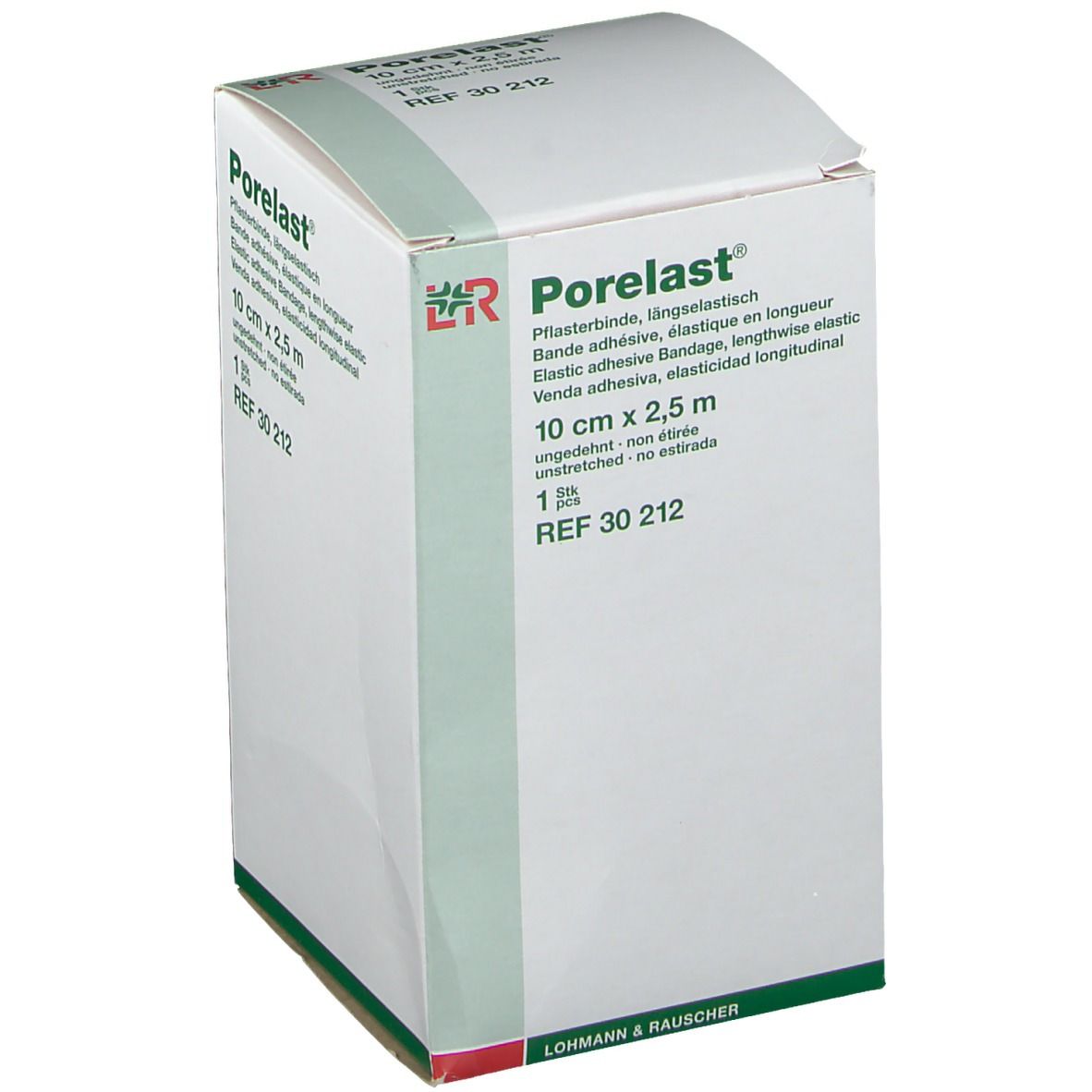 Porelast-Verpackung. 10 cm x 2,5 m. Elastische Klebebinde. Herstellerlogo und Produktinformationen.