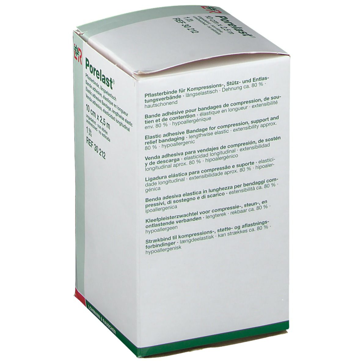 Porelast-Verpackung. Seitenansicht. Produktinformationen, einschließlich Größe und Elastizität.