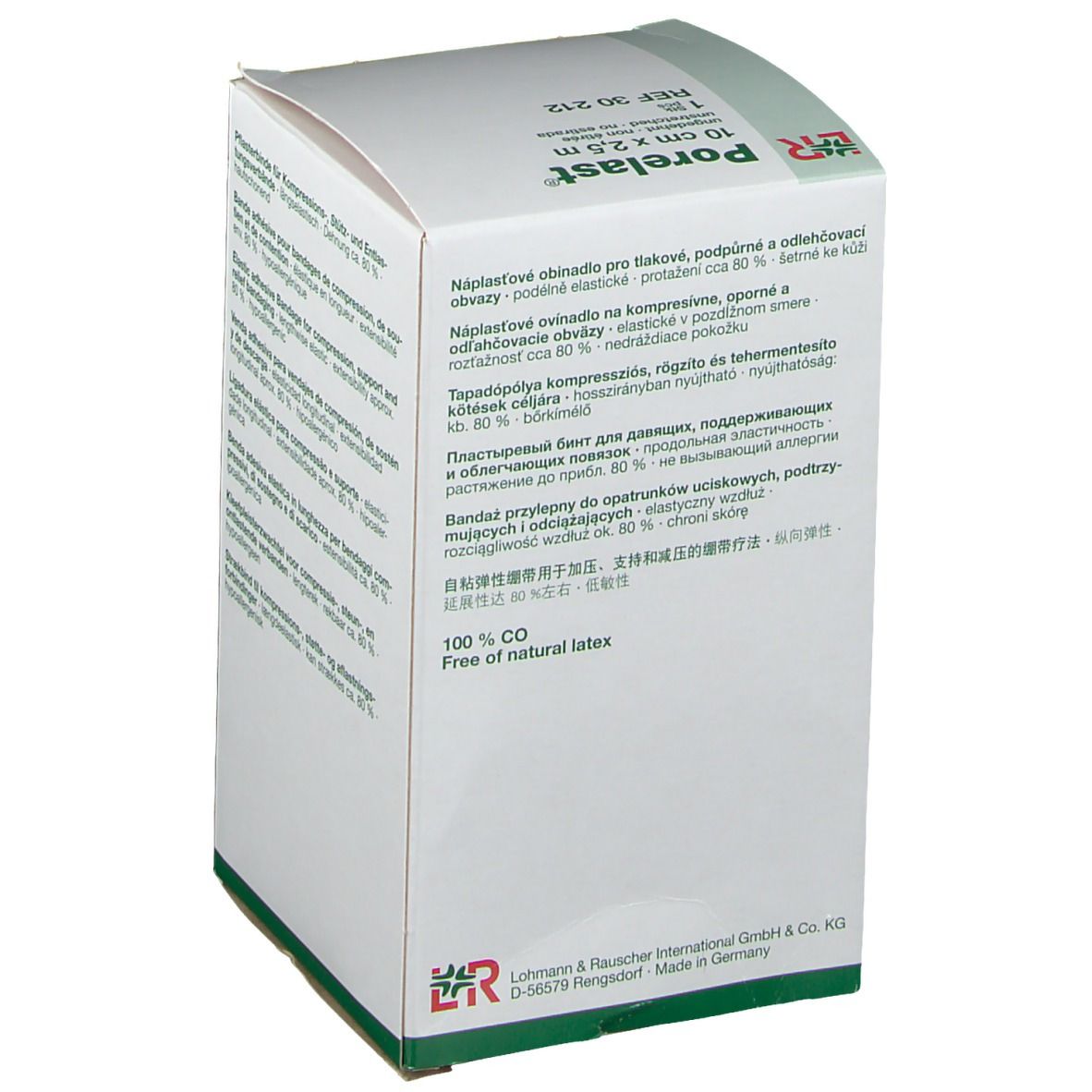 Porelast-Verpackung. Rückseite mit Produktinformationen in verschiedenen Sprachen.