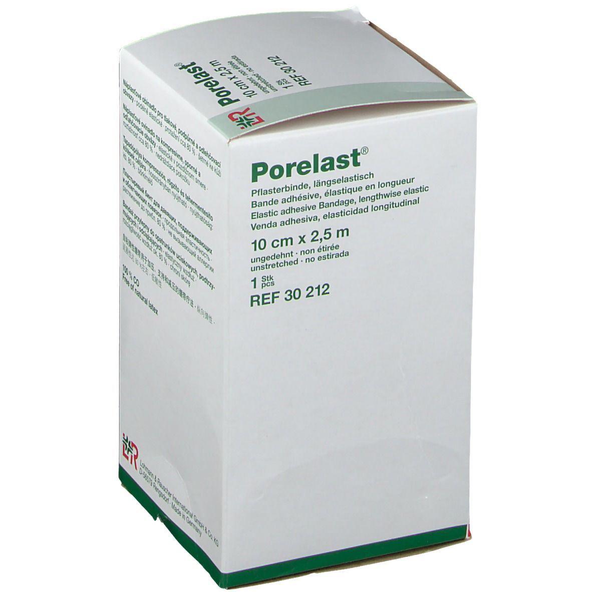 Porelast-Verpackung. 10 cm x 2,5 m. Elastische Klebebinde. Herstellerlogo und Produktinformationen.