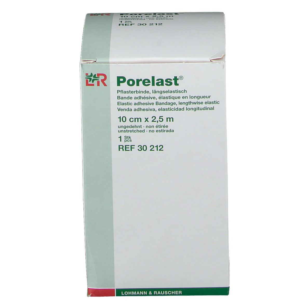 Porelast-Verpackung. 10 cm x 2,5 m. Elastische Klebebinde. Herstellerlogo und Produktinformationen.