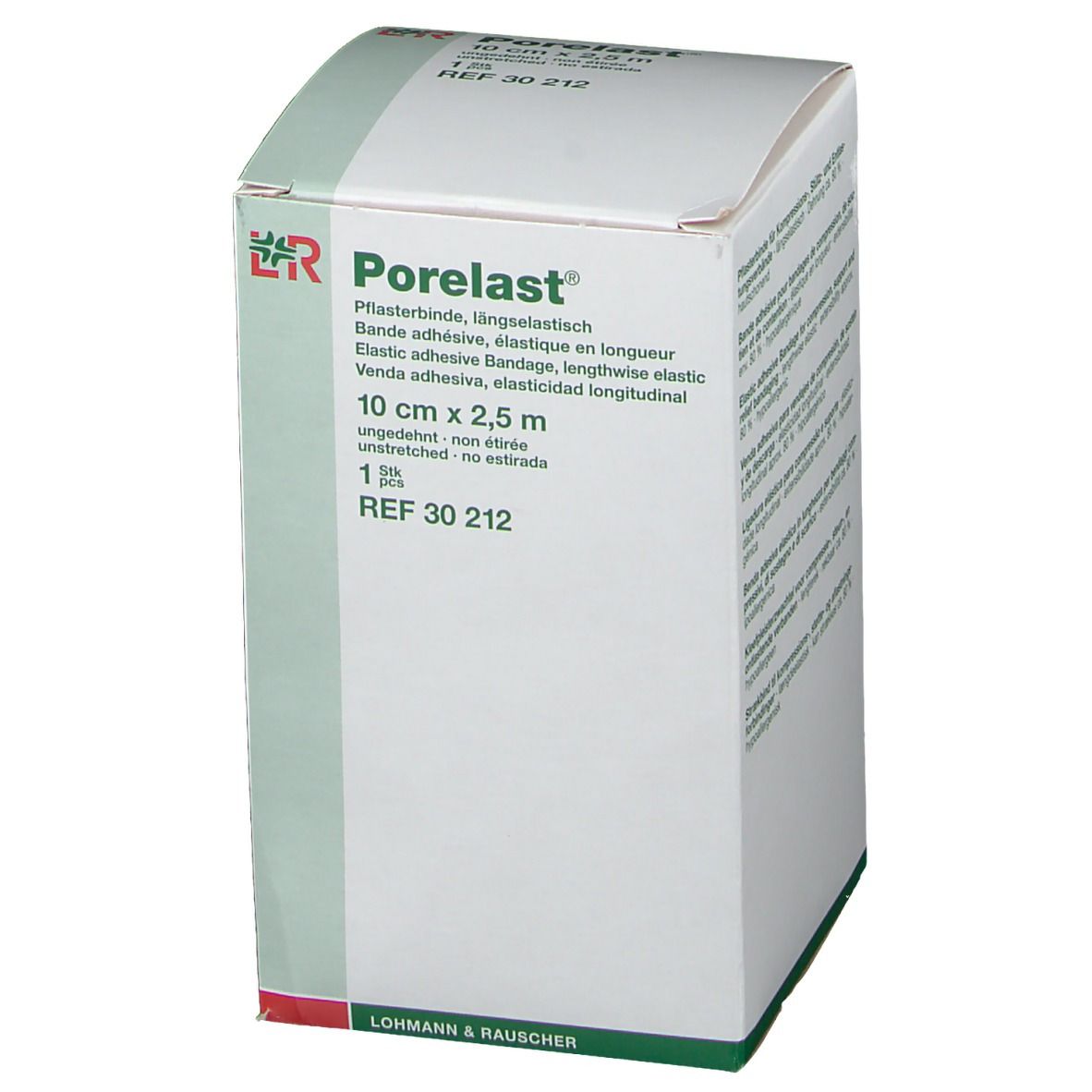 Porelast-Verpackung. 10 cm x 2,5 m. Elastische Klebebinde. Herstellerlogo und Produktinformationen.