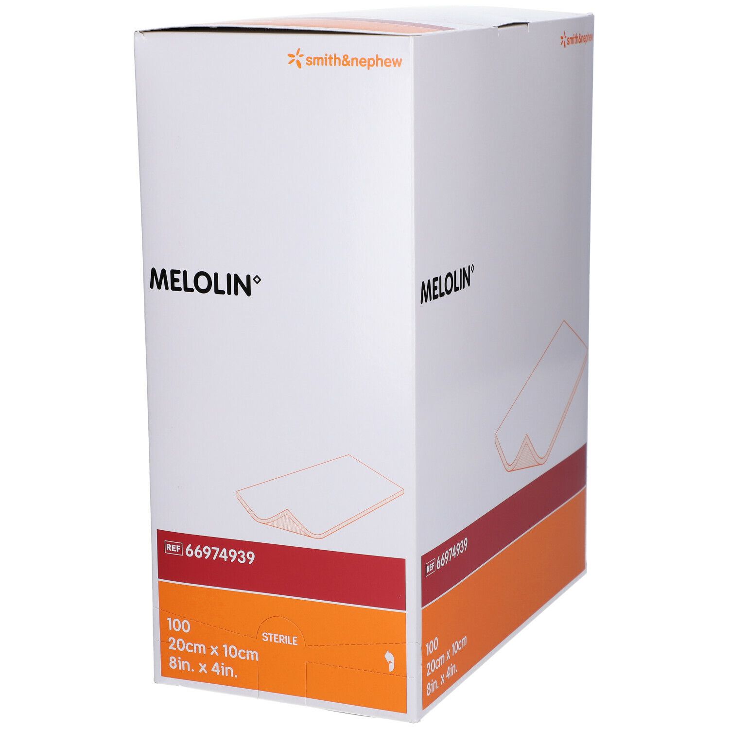 Verpakking van Smith & Nephew MELOLIN wondverband. Doos met productinfo en logo. Afmeting: 20 x 10 cm, 100 stuks.