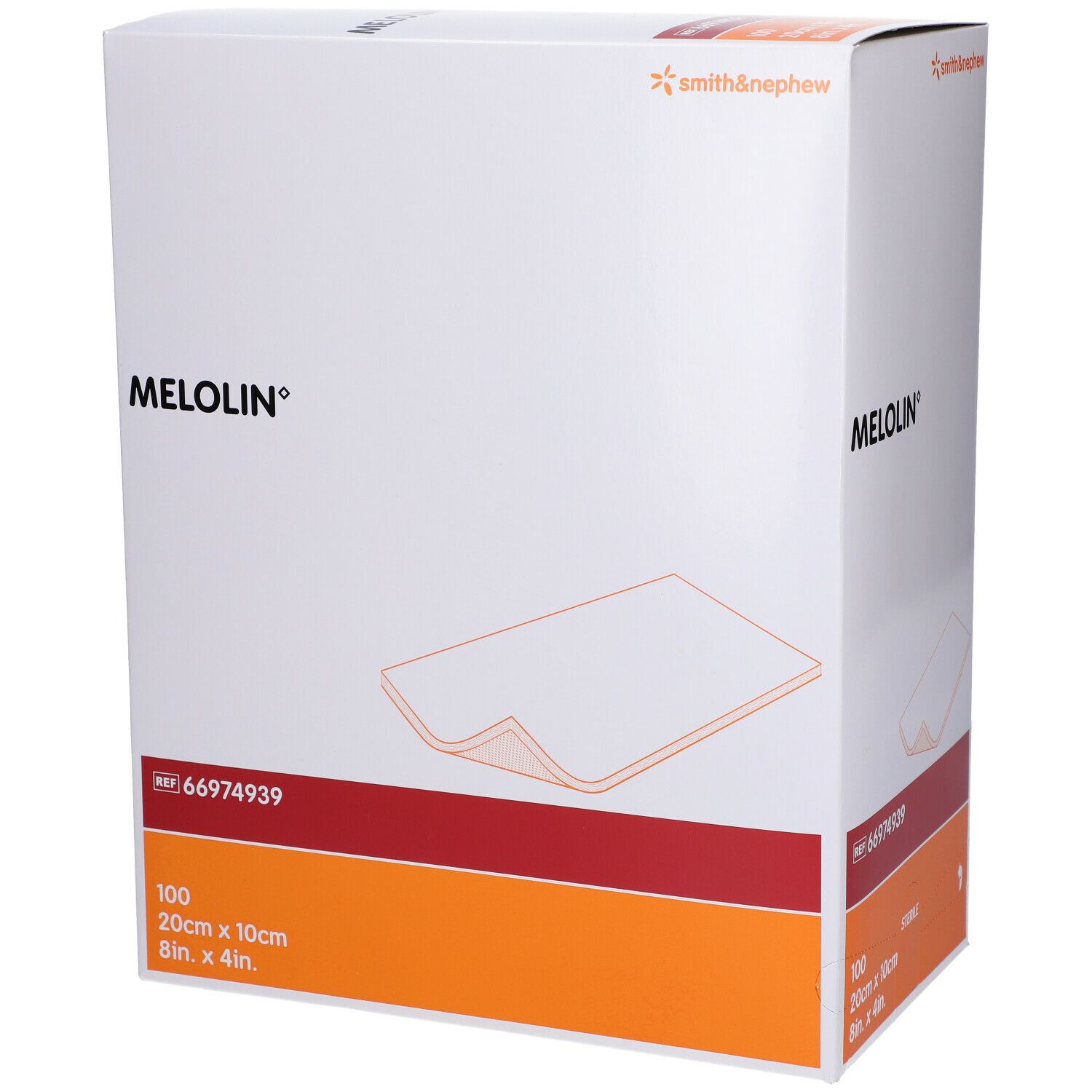 Verpakking van Smith & Nephew MELOLIN wondverband. Doos met productinfo en logo. Afmeting: 20 x 10 cm, 100 stuks.