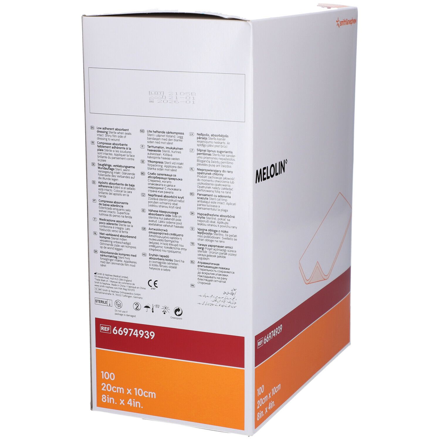 Verpakking van Smith & Nephew MELOLIN wondverband. Doos met productinfo en logo. Afmeting: 20 x 10 cm, 100 stuks.