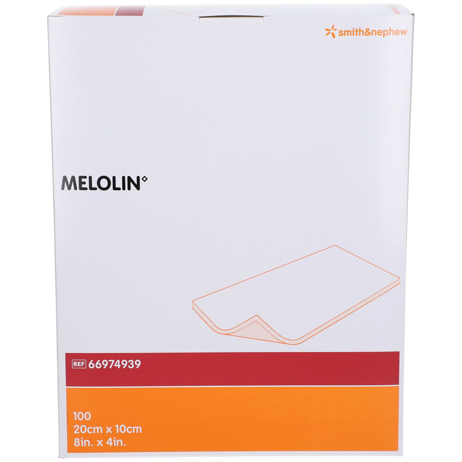 Verpakking van Smith & Nephew MELOLIN wondverband. Doos met productinfo en logo. Afmeting: 20 x 10 cm, 100 stuks.