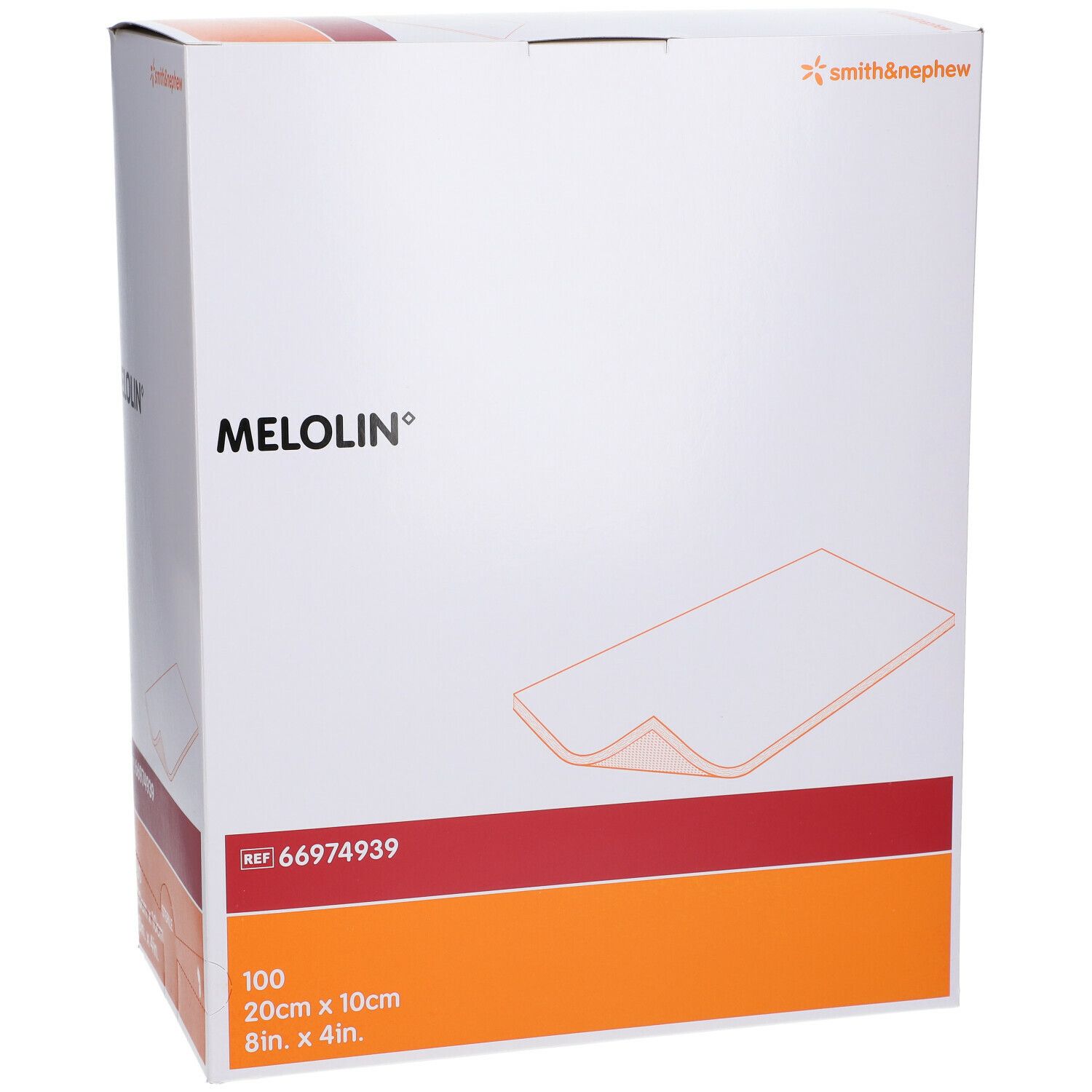 Verpakking van Smith & Nephew MELOLIN wondverband. Doos met productinfo en logo. Afmeting: 20 x 10 cm, 100 stuks.