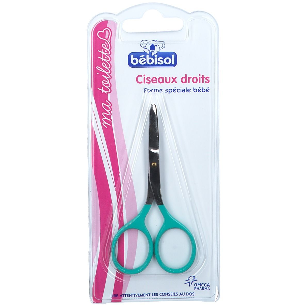 Ciseaux droits bébisol, forme spéciale bébé, avec manches verts, dans un emballage blister transparent.