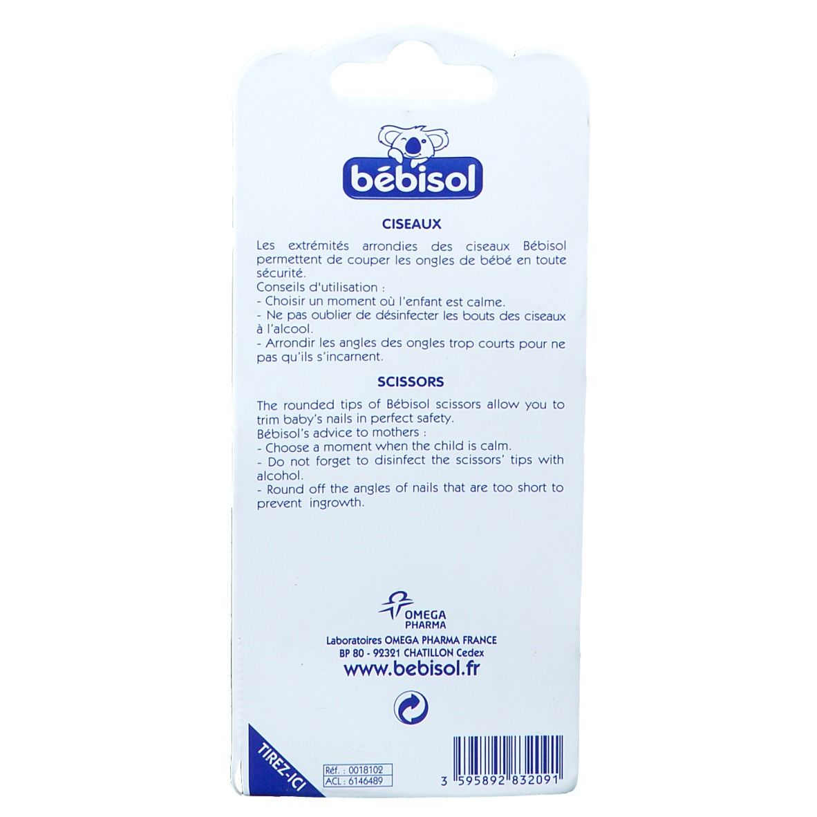 Dos de l'emballage des ciseaux bébisol. Texte: Ciseaux, conseils d'utilisation, logo Omega Pharma, www.bebisol.fr.