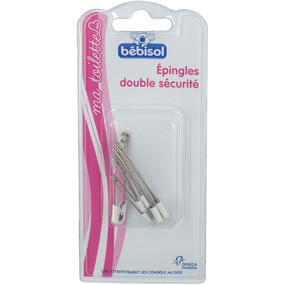 Paquet de bébisol épingles double sécurité. Épingles argentées, capuchon blanc. Marque et texte visibles.