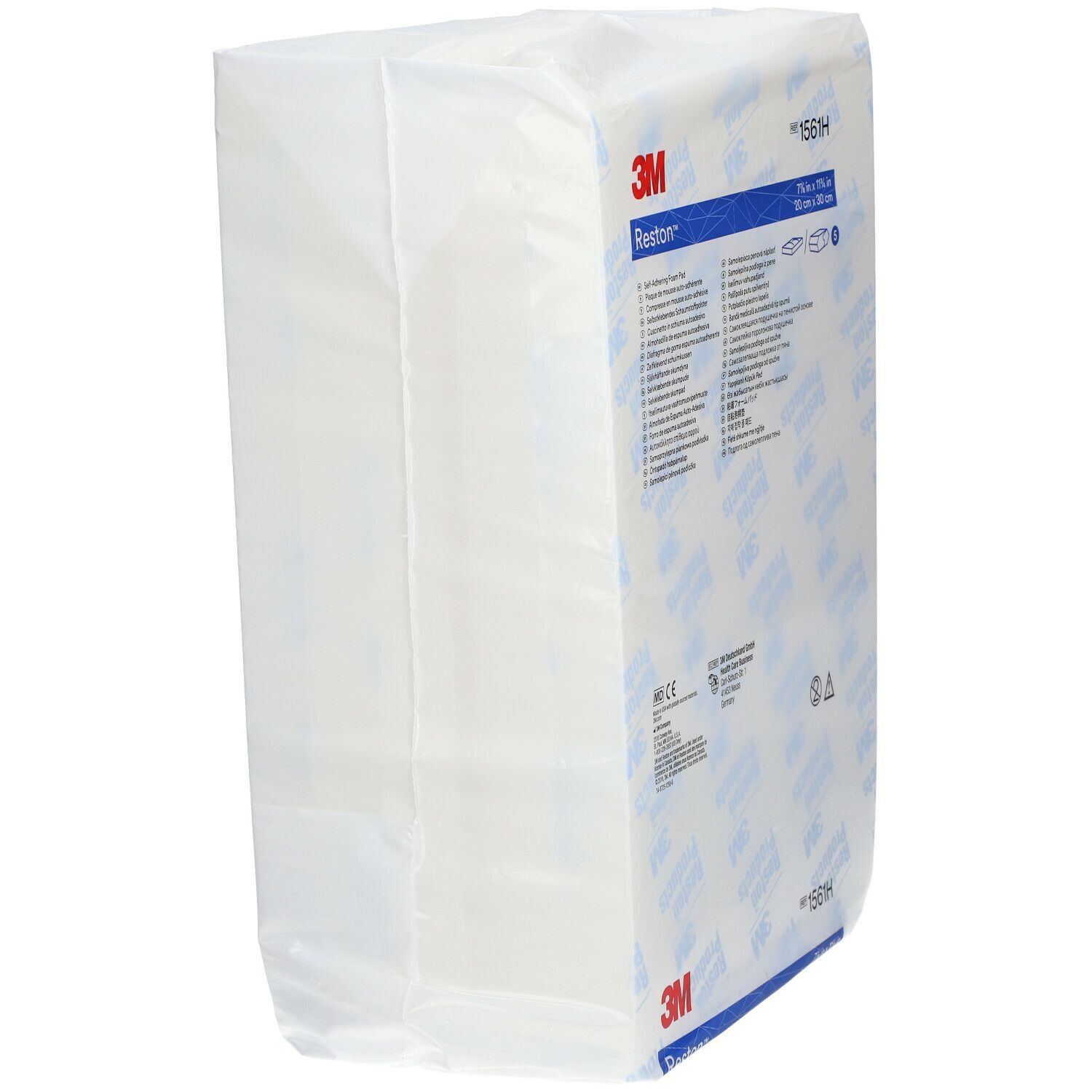Verpackung mit 3M Reston Schaumstoff, Seitenansicht. Aufdrucke: 1561H. Produktname und Logo.