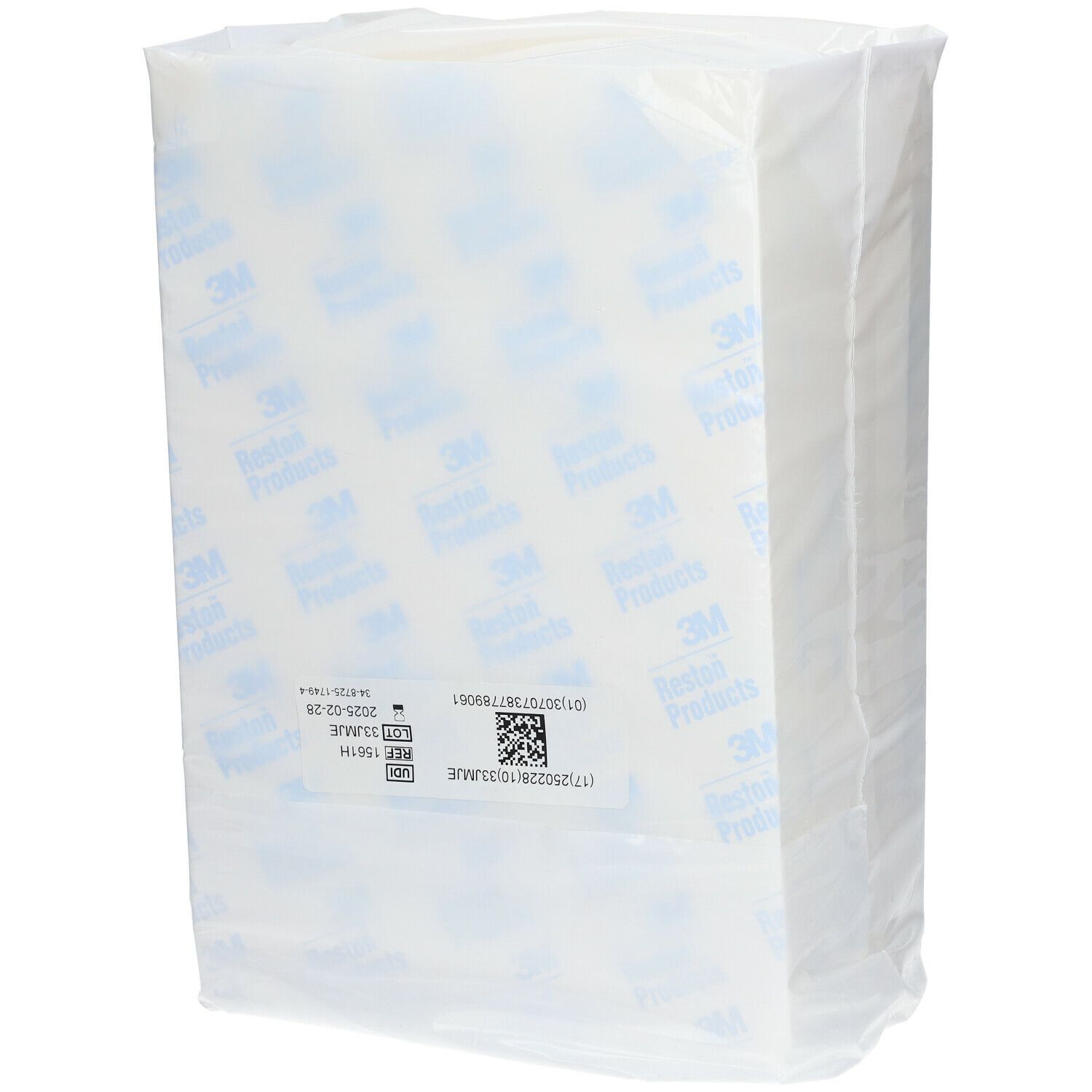 Verpackung mit 3M Reston Schaumstoff, Rückseite. Aufdrucke: 1561H, Chargennummer, Haltbarkeitsdatum. Produktname und Logo.
