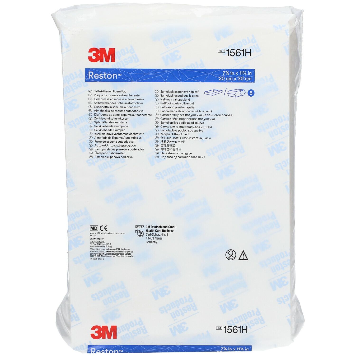 Verpackung mit 3M Reston Schaumstoff. Aufdrucke: 7 7/8 in x 11 13/16 in, 20 cm x 30 cm, 1561H. Produktname und Logo.