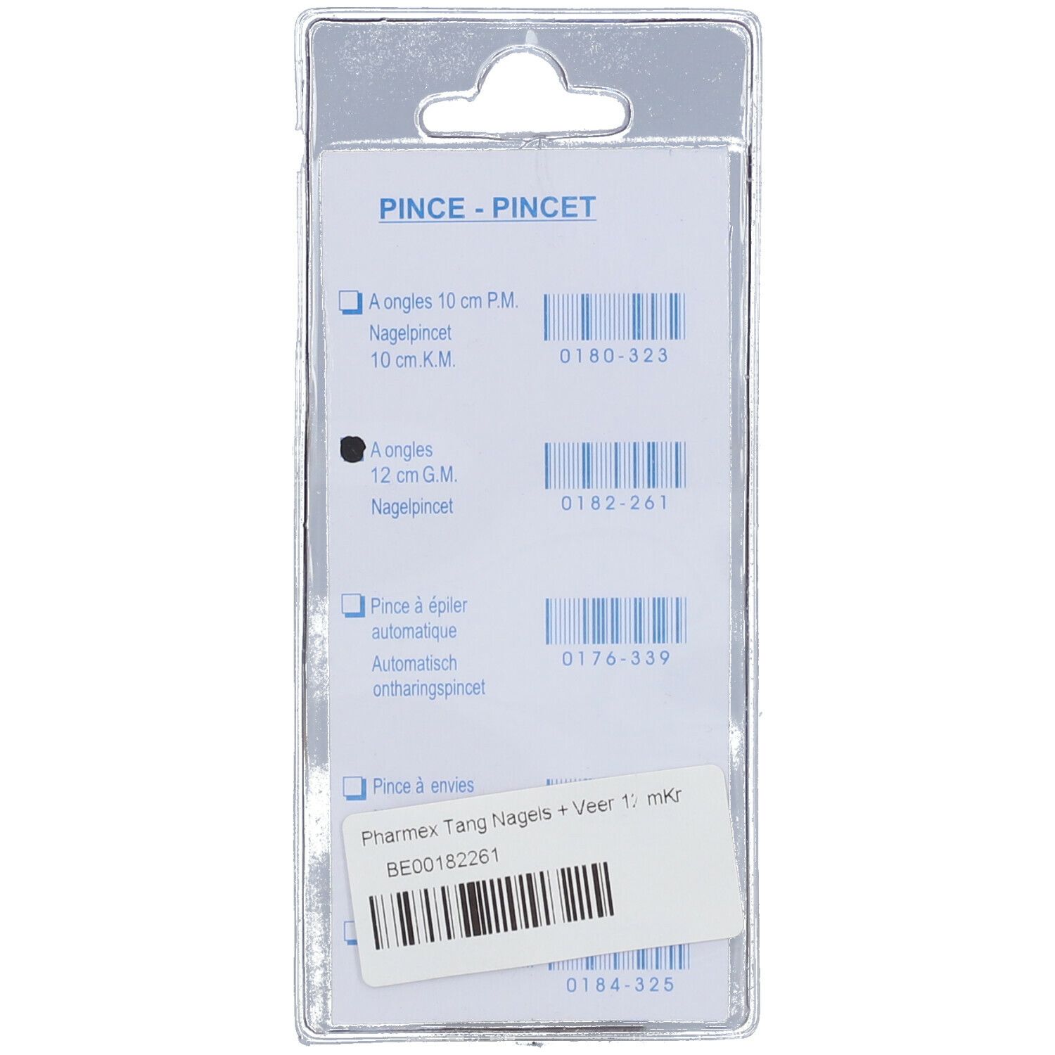 Dos de l'emballage blister avec informations produit. Codes-barres, nom du produit, marque Pharmex, indication de taille.