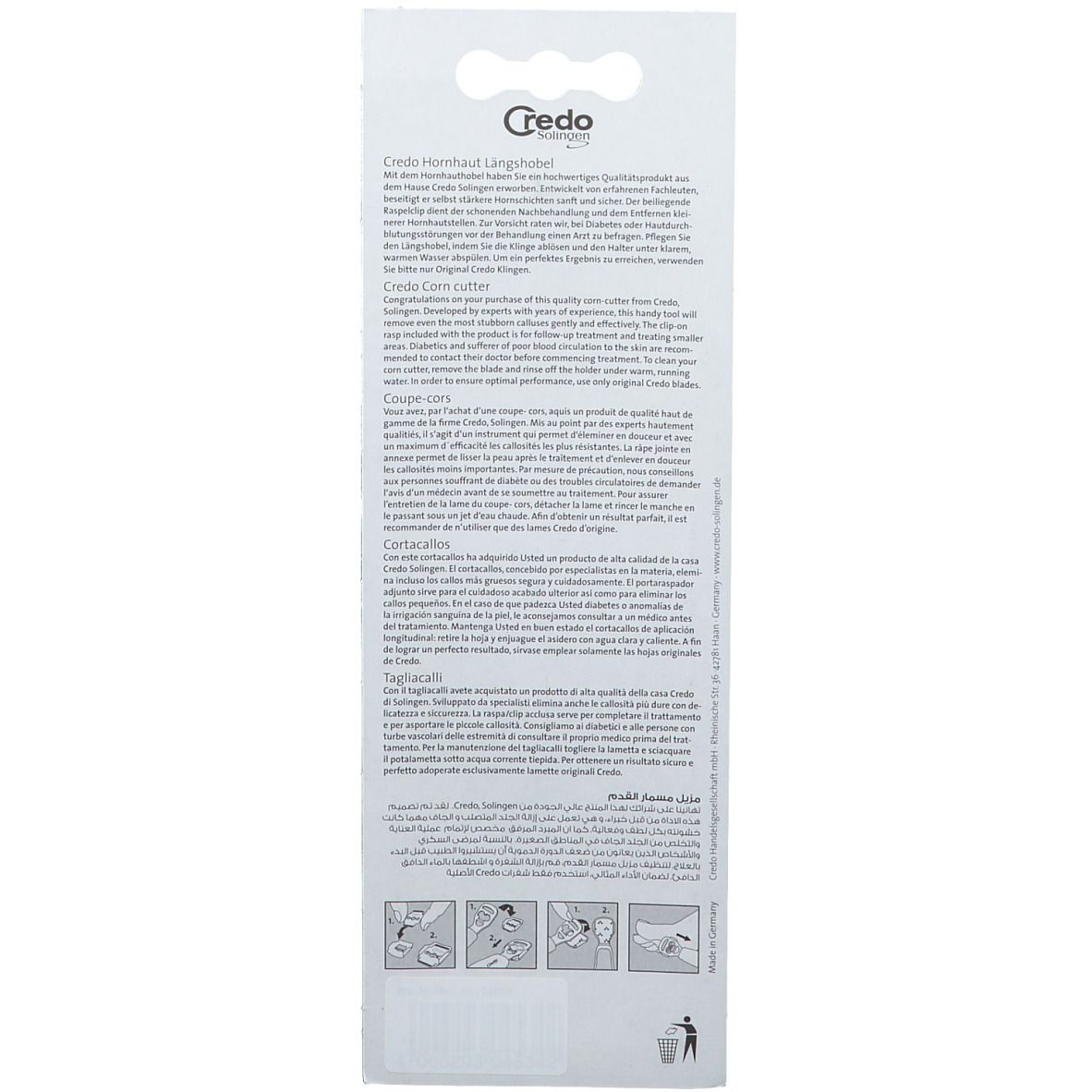 Rückseite der Credo Hörnerschneider Verpackung. Text in Deutsch, Englisch, Französisch, Italienisch. Produktname und Logo.
