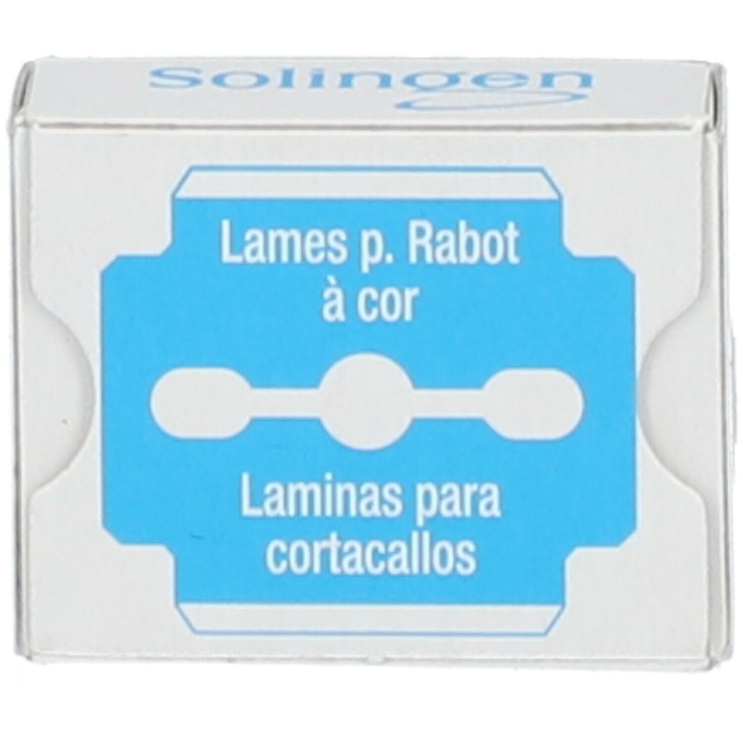 Boîte de lames de rasoir. Graphique bleu avec texte: Lames p. Rabot à cor, Laminas para cortacallos. Marque: Solingen, Origine: Germany.