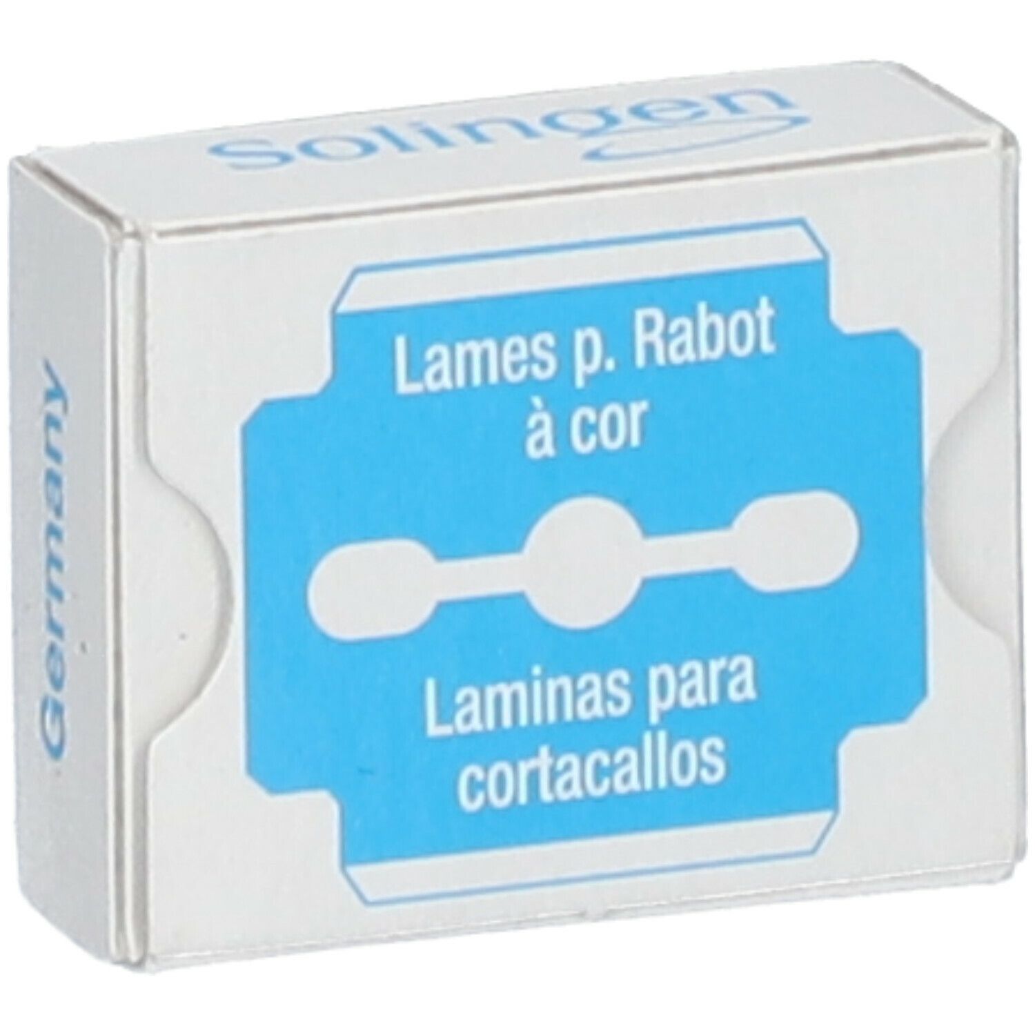 Boîte de lames de rasoir. Graphique bleu avec texte: Lames p. Rabot à cor, Laminas para cortacallos. Marque: Solingen, Origine: Germany.
