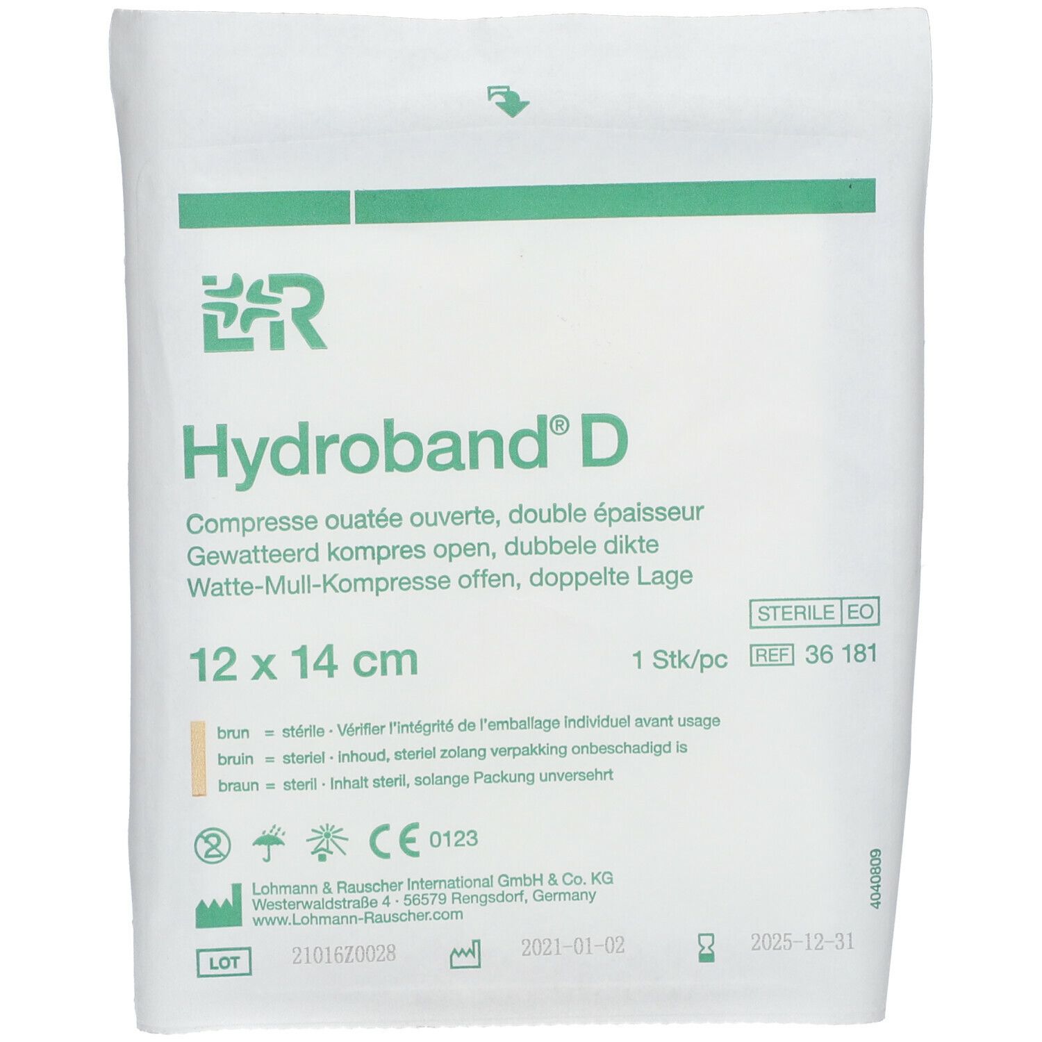 Emballage de compresse Hydroband D. Texte, logo, dimensions 12x14 cm, stérile.