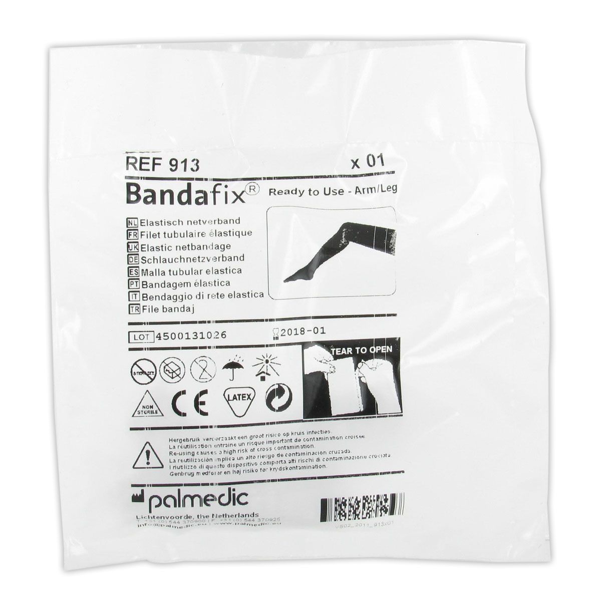Emballage Bandafix Arm/Jambe. Contient un bandage filet élastique. Avec marquage CE et symbole latex.
