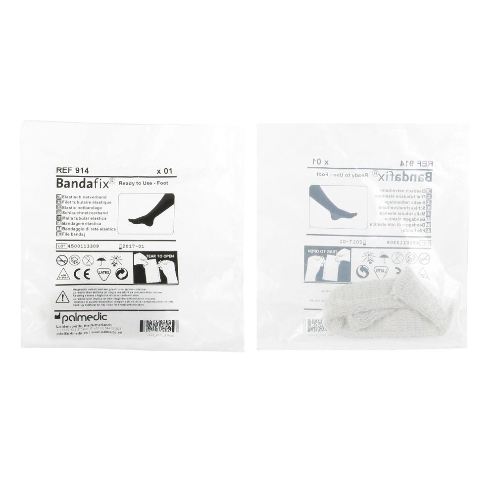 Deux emballages transparents. L'un porte la mention "Bandafix" et une illustration d'attelle de pied. L'autre montre un bandage roulé.