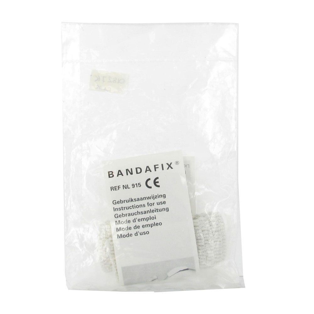 Elastisch buisverband in plastic verpakking. Bijsluiter met productinformatie. CE-markering.