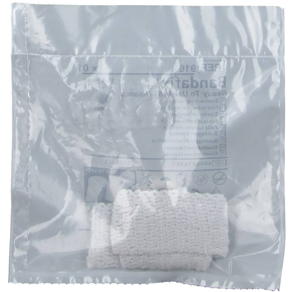 Bande tubulaire élastique dans un emballage plastique. Deux bandages blancs visibles.