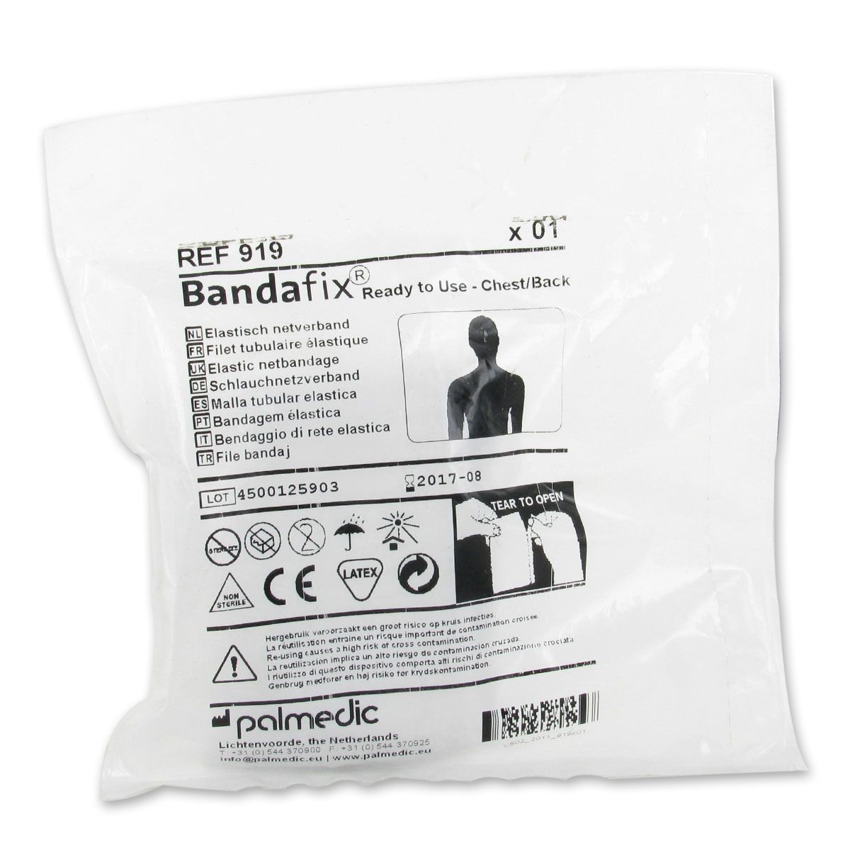 Emballage de bandage en filet élastique. Inscription: Bandafix, Ready to Use. Pictogrammes et texte multilingue. Marquage CE.