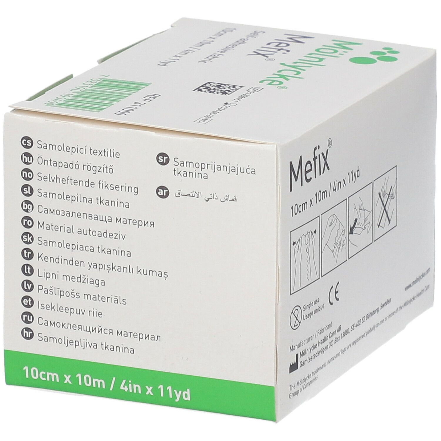 Mefix-Verpackung mit Produktinformationen in verschiedenen Sprachen und Größenangabe: 10cm x 10m.
