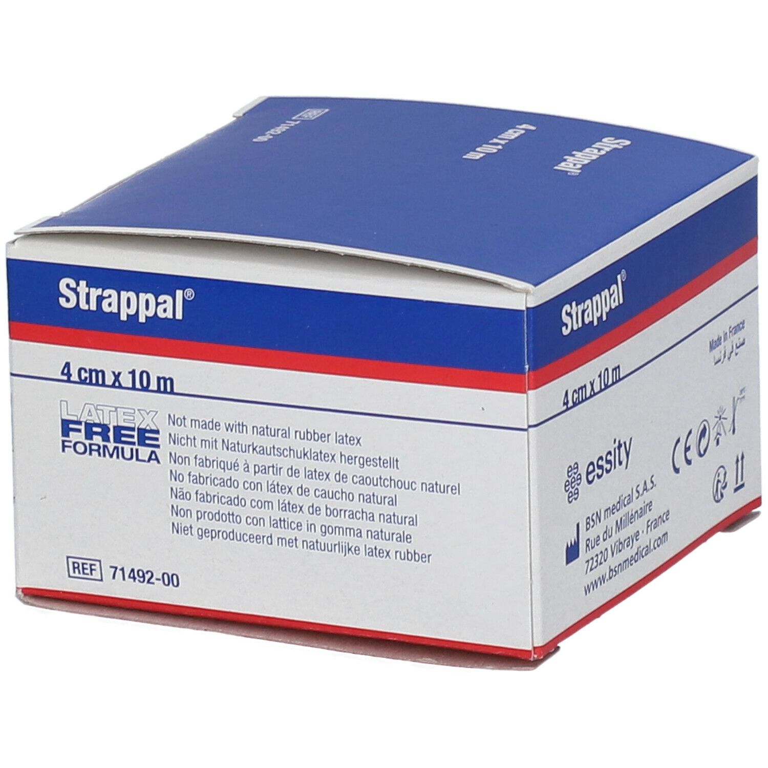 Strappal® 4 cm x 10 m. Formule sans latex. Boîte avec informations produit et logo.
