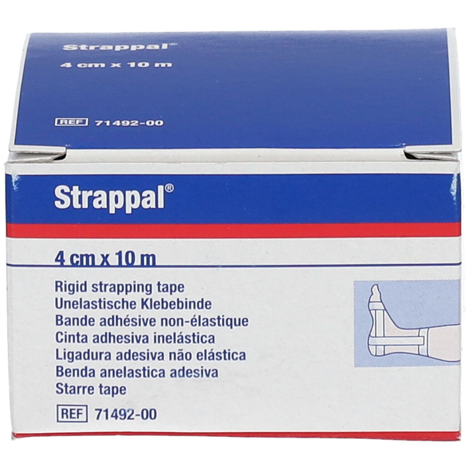 Strappal® 4 cm x 10 m. Bande adhésive non-élastique. Boîte avec informations et illustration.