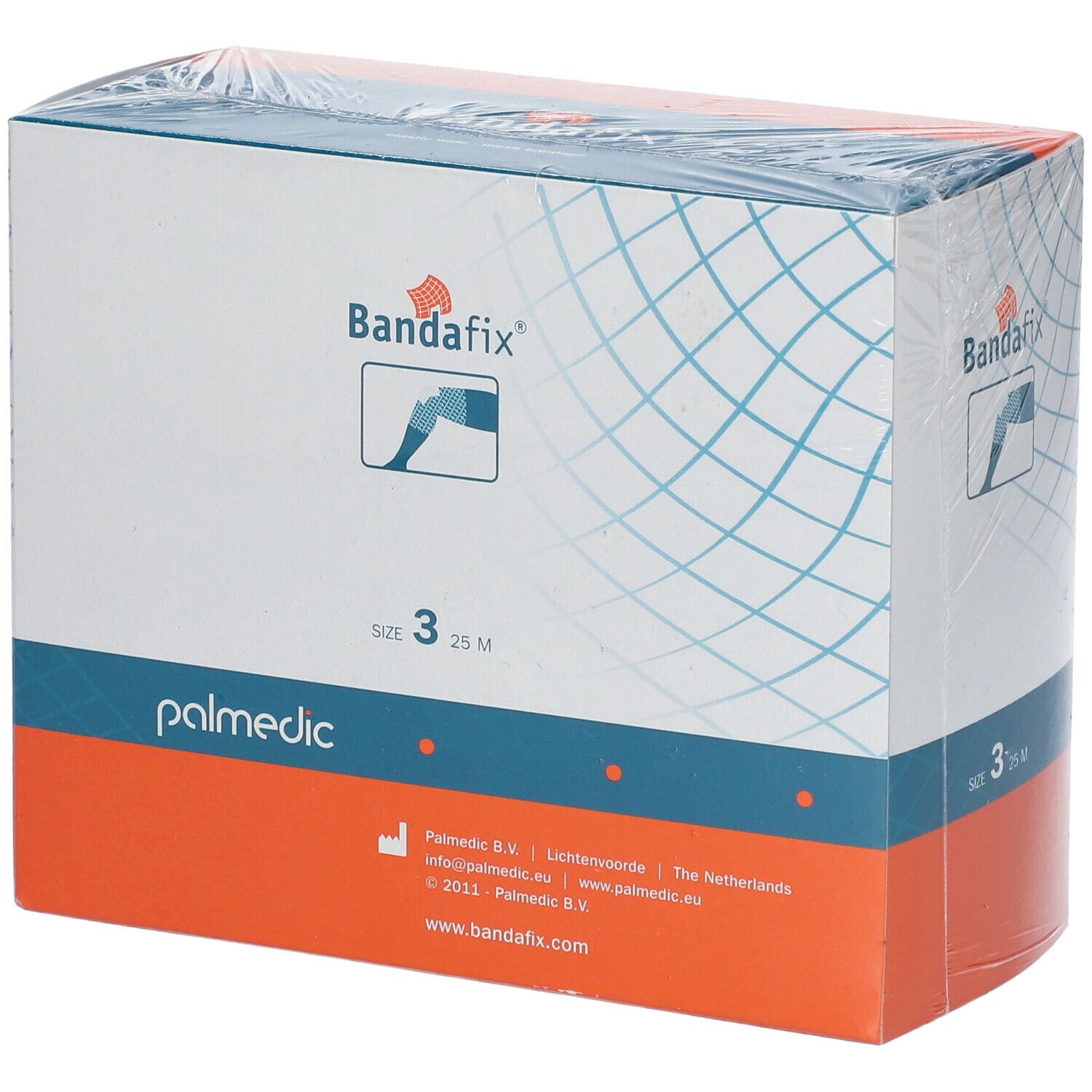 Emballage de Bandafix® T3 25 m. Boîte blanche et orange avec logo et indication de taille.