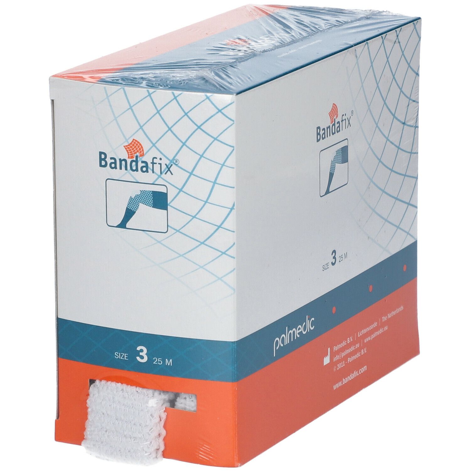 Emballage Bandafix® T3 25 m. Boîte blanche et orange avec logo. Bande visible.
