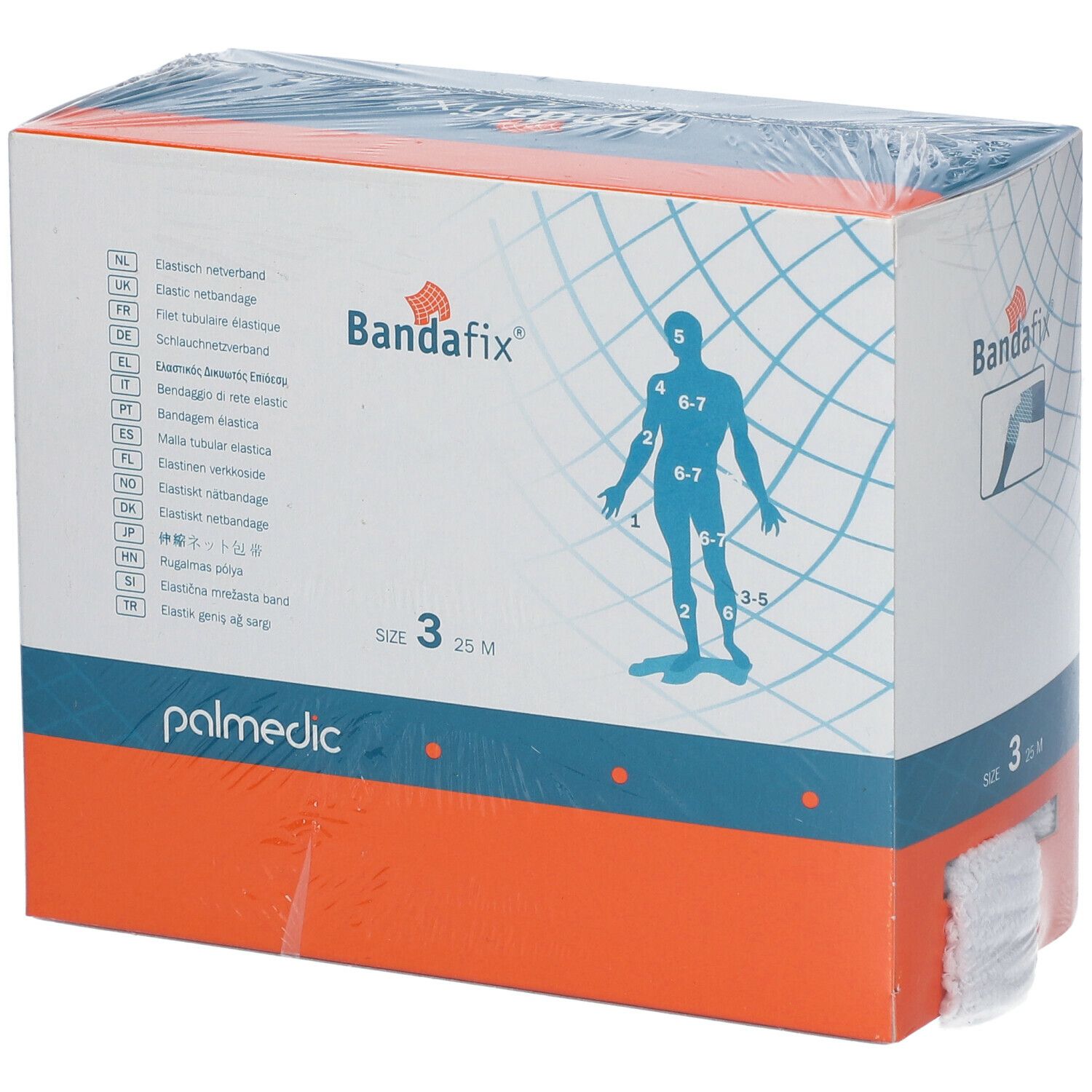 Emballage Bandafix® T3 25 m. Boîte blanche et orange avec logo et taille. Informations multilingues.