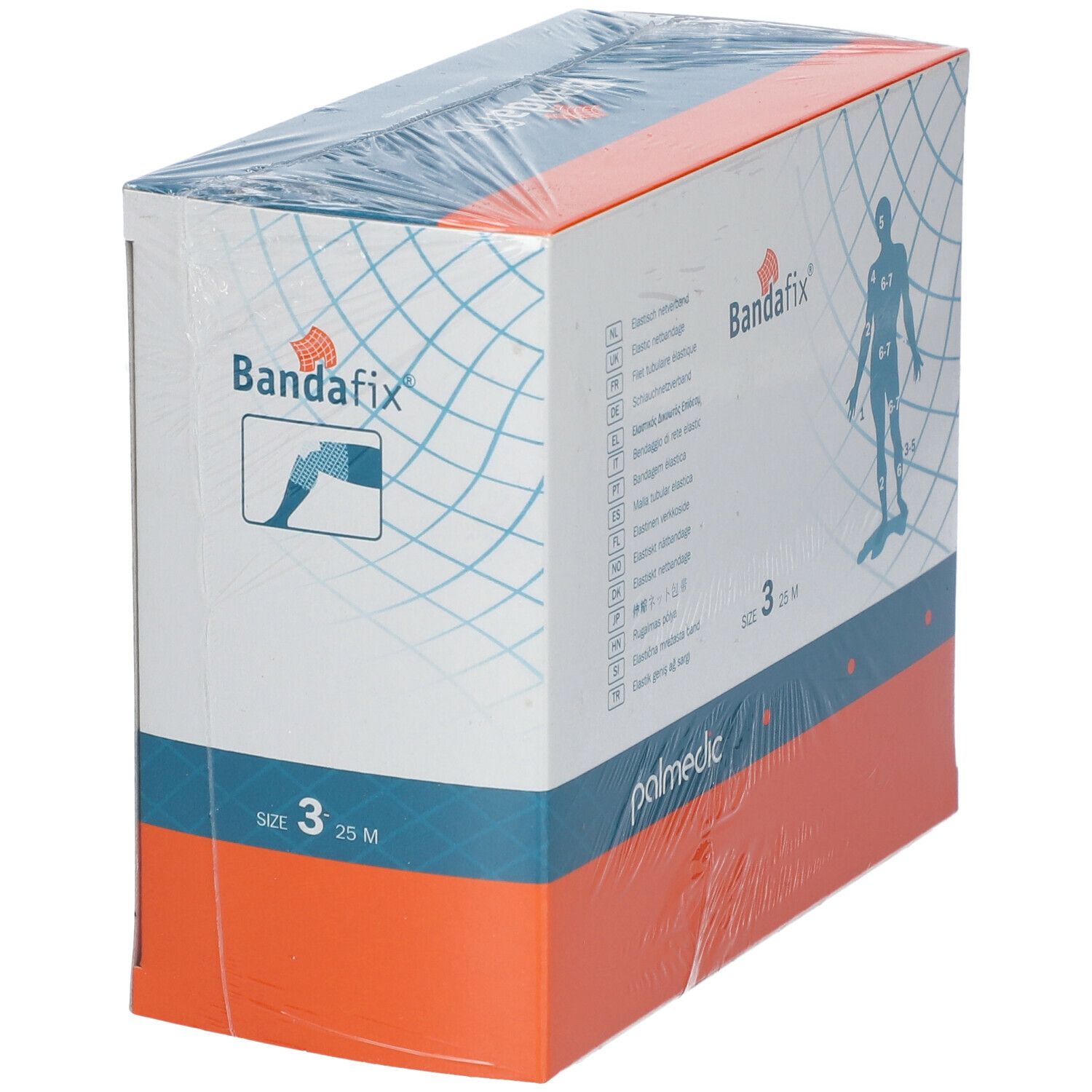 Emballage Bandafix® T3 25 m. Boîte blanche et orange avec logo et indication de taille.