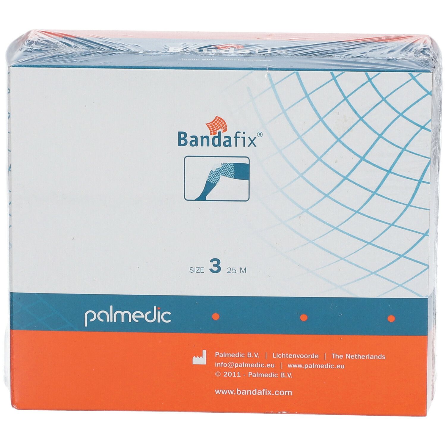 Emballage Bandafix® T3 25 m. Boîte blanche et orange avec logo et indication de taille.