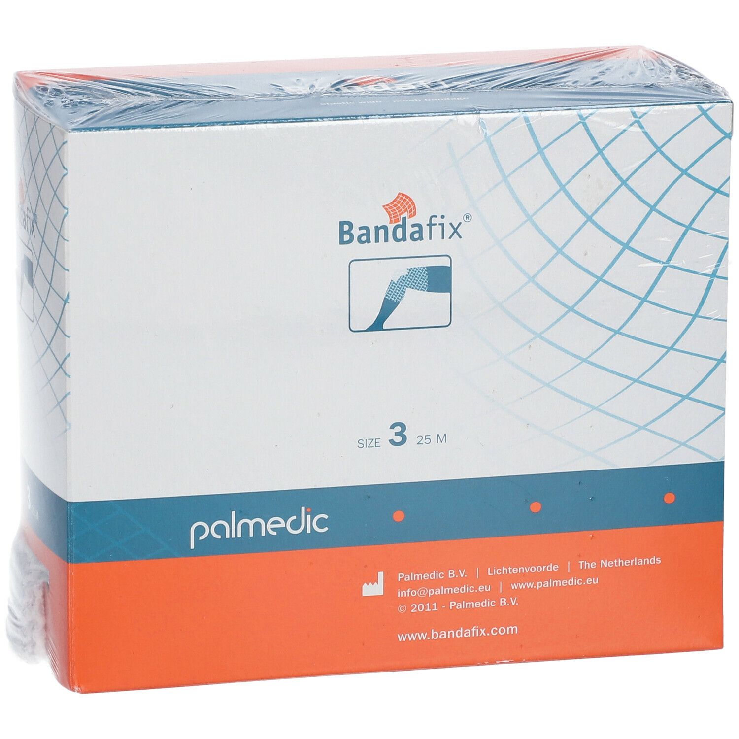 Emballage Bandafix® T3 25 m. Boîte blanche et orange avec logo et indication de taille.