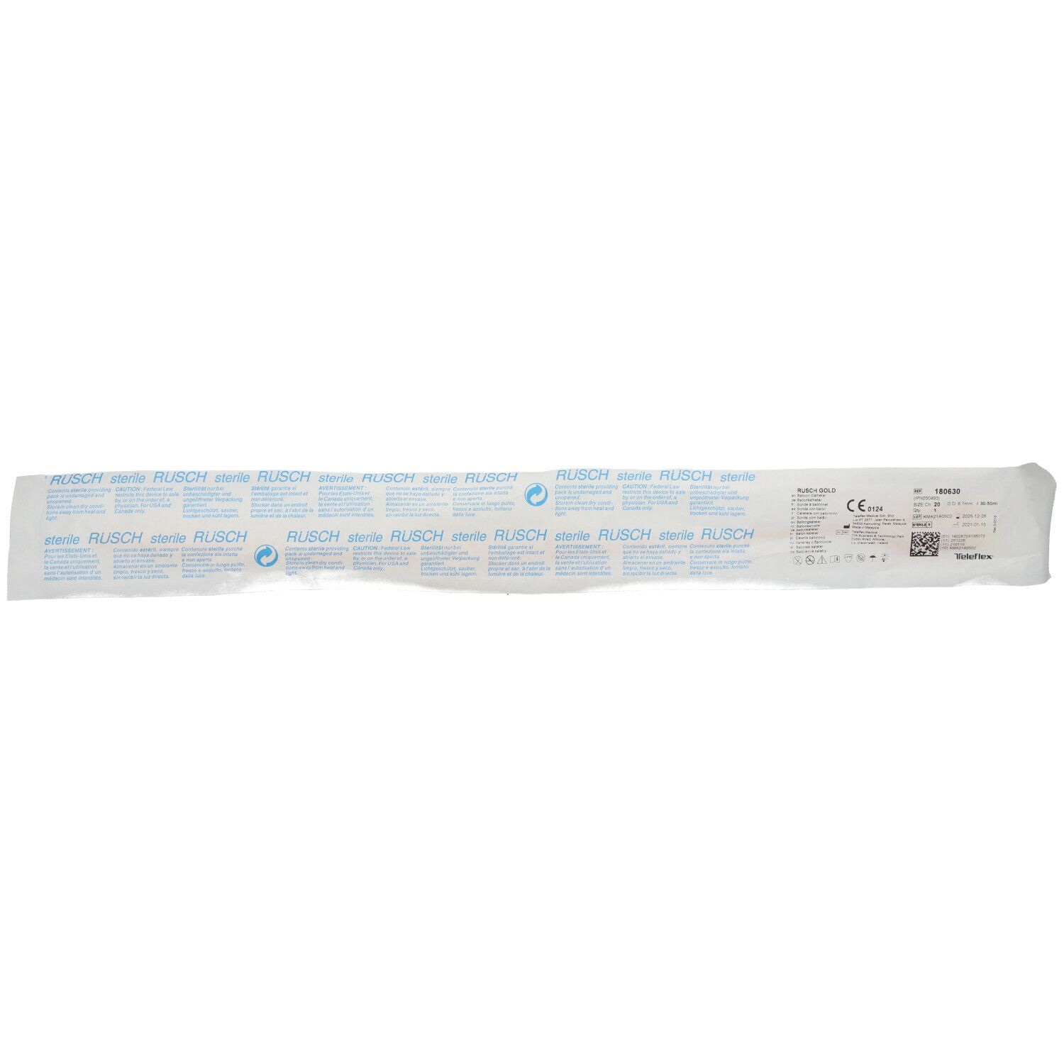 Sonde urinaire emballée. Impressions avec informations sur le produit et la marque RUSCH.