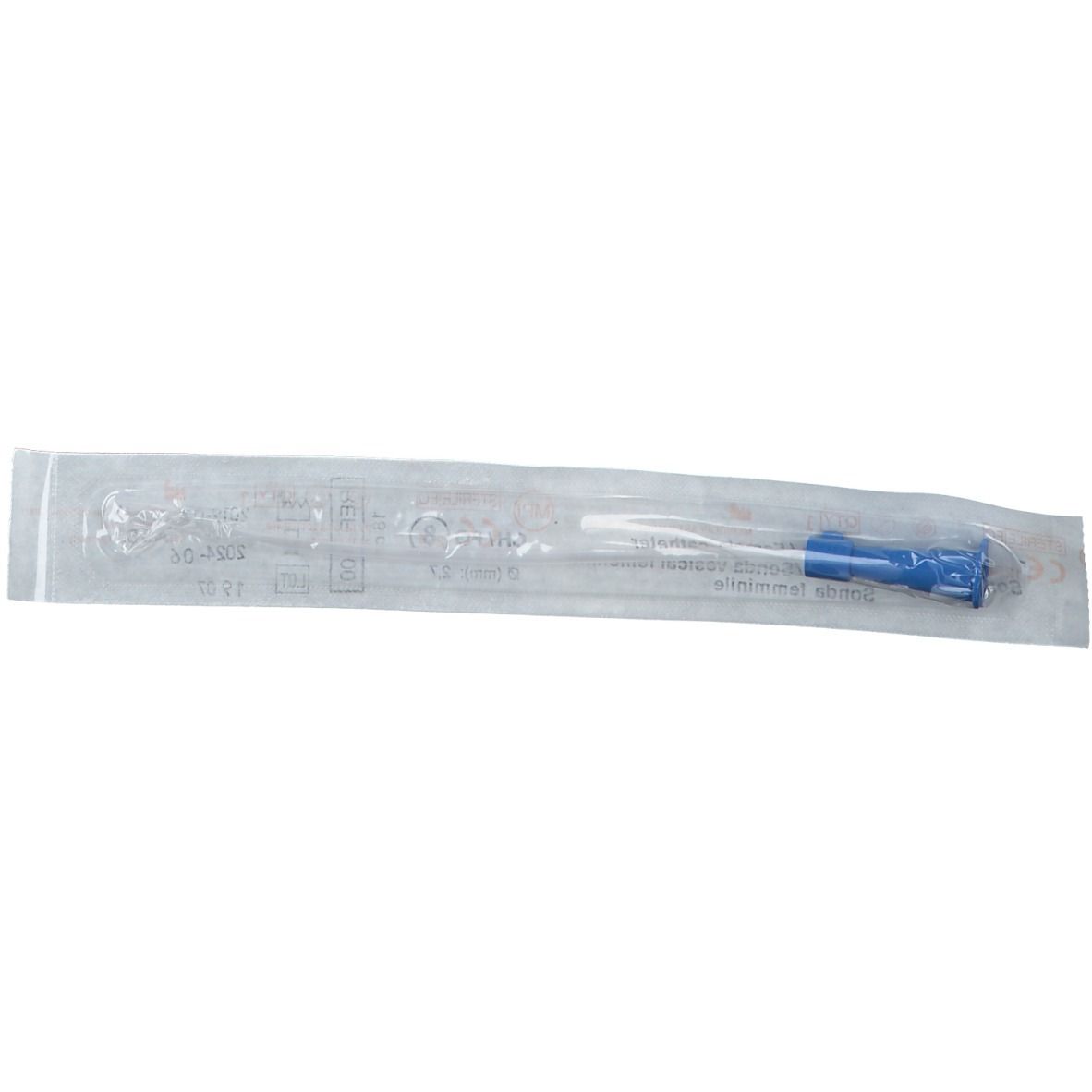 Sonde médicale bleue en emballage stérile. Connecteur bleu visible.