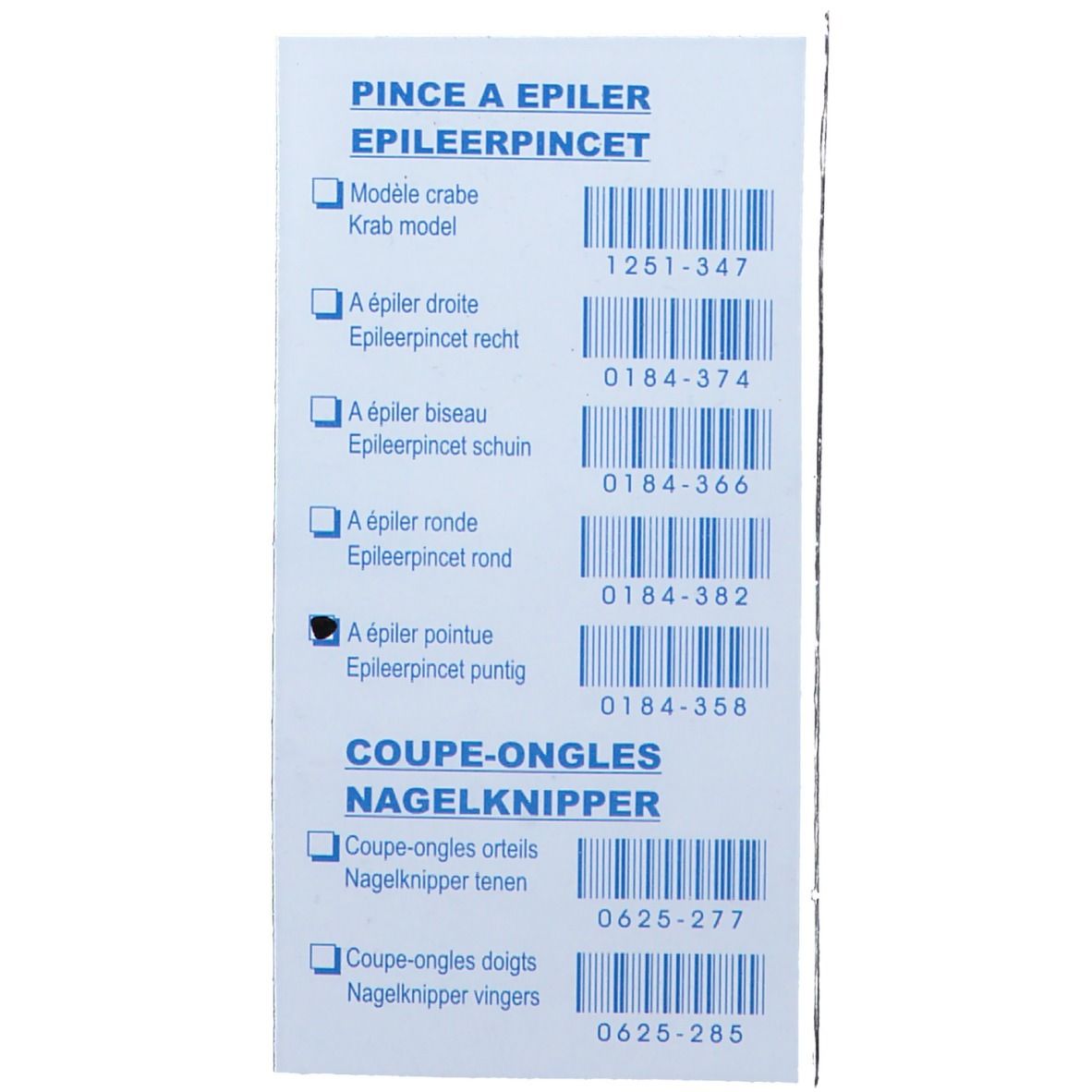 Dos de l'emballage avec informations produit. Codes-barres et noms de produits en français et néerlandais.