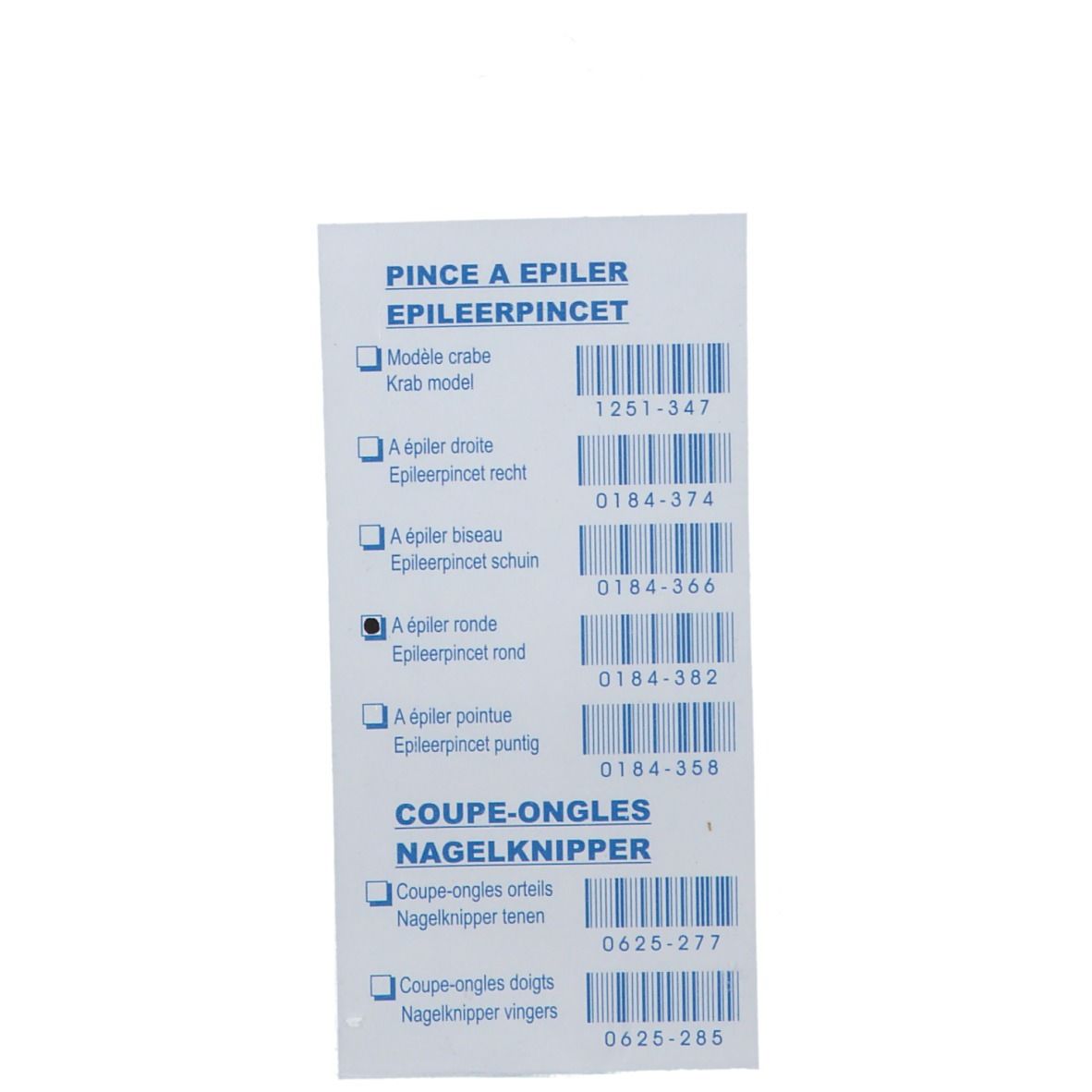 Label met productinformatie. Bevat barcodes en productnamen zoals 'Pince a epiler' en 'Coupe-ongles'.