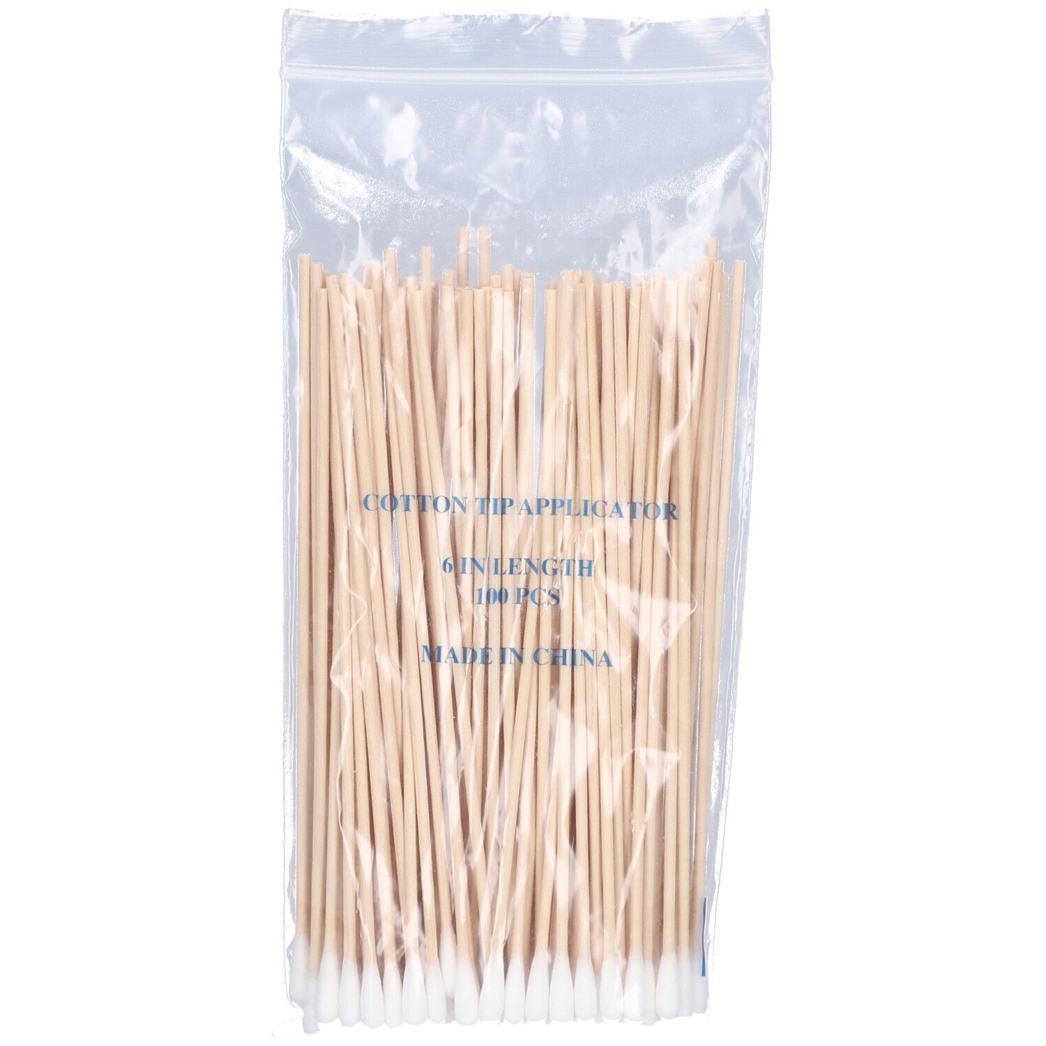 Cotons-tiges dans un emballage plastique. Impression: Cotton Tip Applicator, 6 in length, 100 pcs, Made in China.