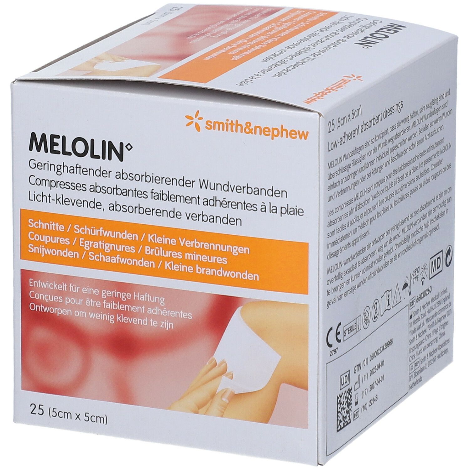 Boîte de pansements Melolin. 25 pièces, 5x5cm. Marque Smith & Nephew. Illustration du produit.