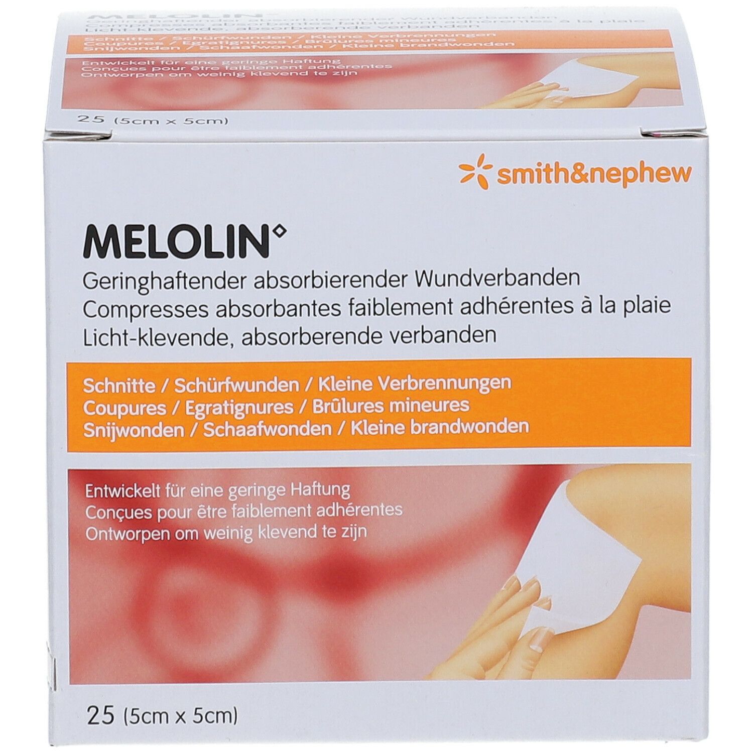 Boîte de pansements Melolin. 25 pièces, 5x5cm. Marque Smith & Nephew. Zone orange avec texte.