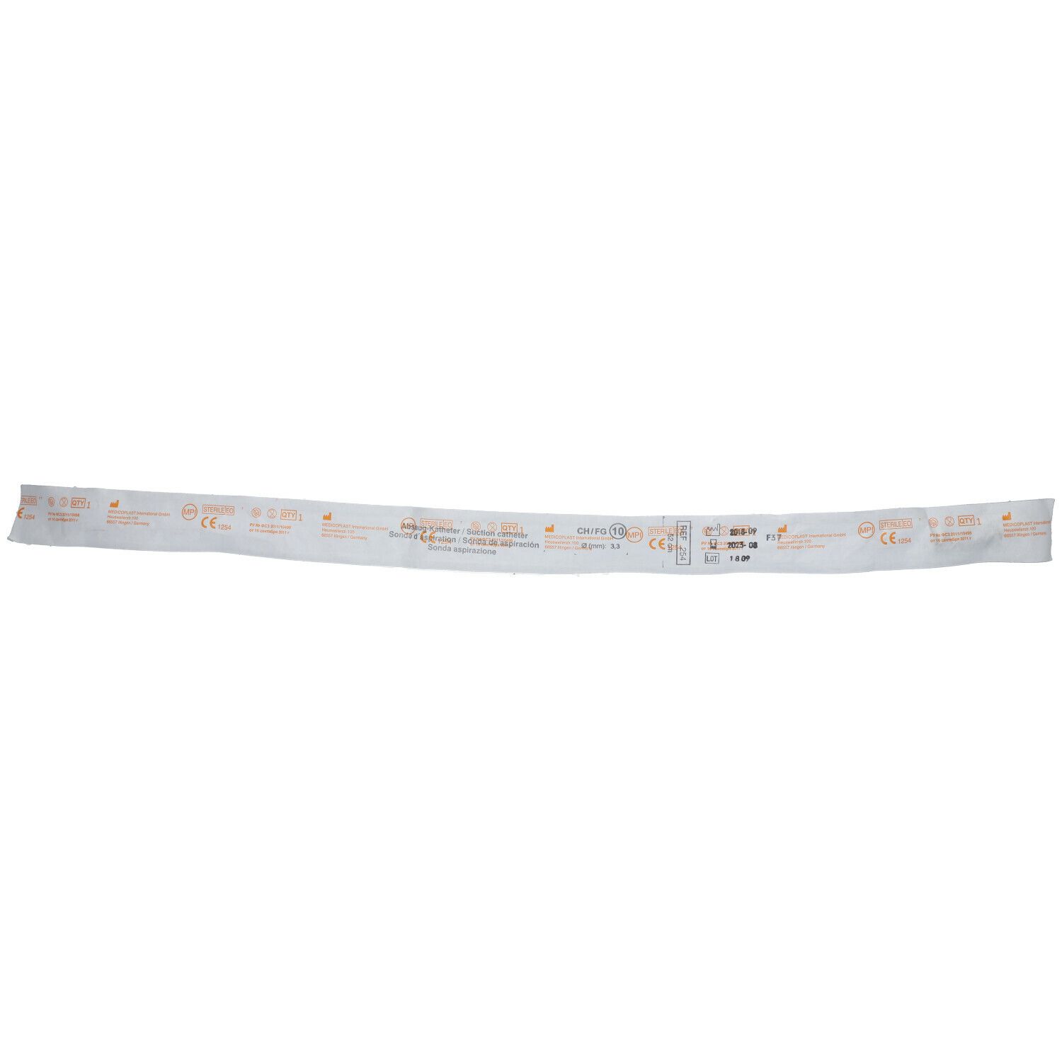 Sonde Aspiration CH10 in transparante verpakking. Bedrukking met productinformatie en CE-markering.